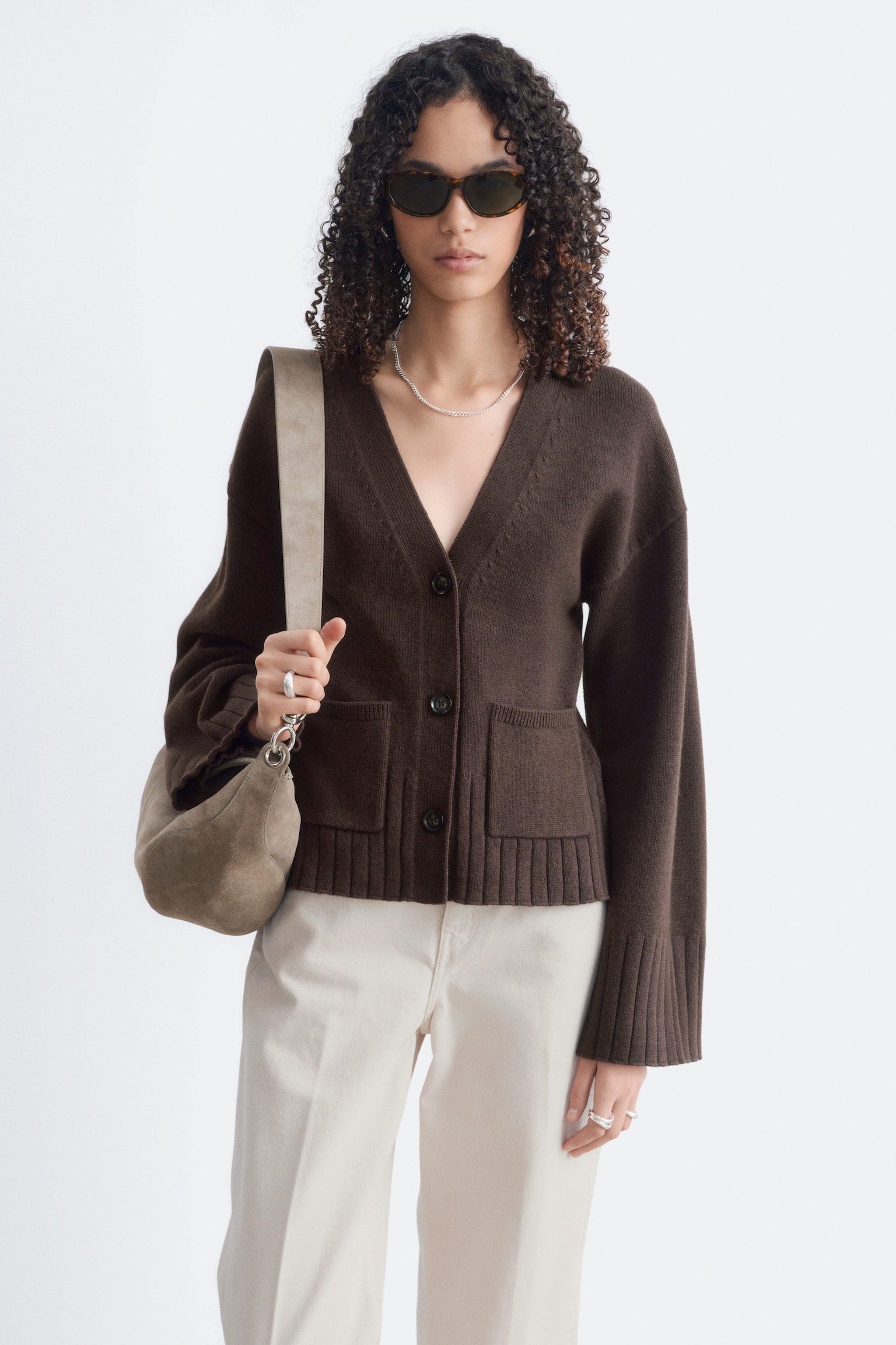 Tapered Knit Cardigan - חום כהה/אפור כהה/בז' - 1