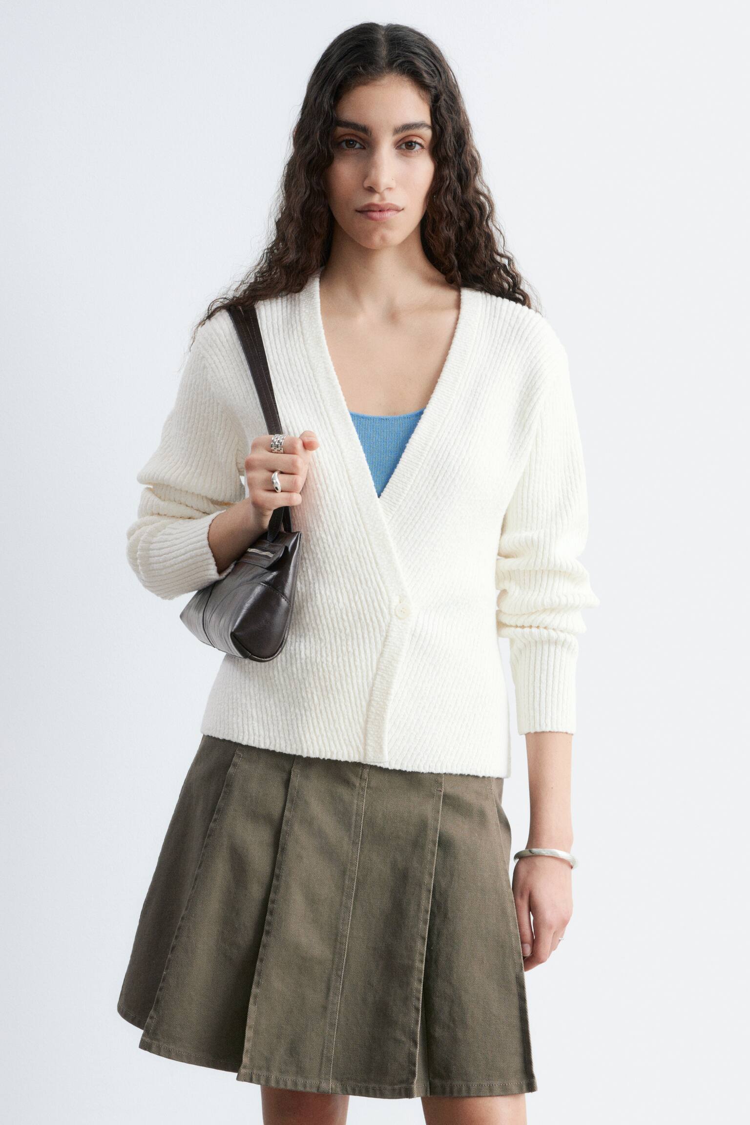 קרדיגן מכותנה מצולעת - לבן/צהוב-ירוק - 1