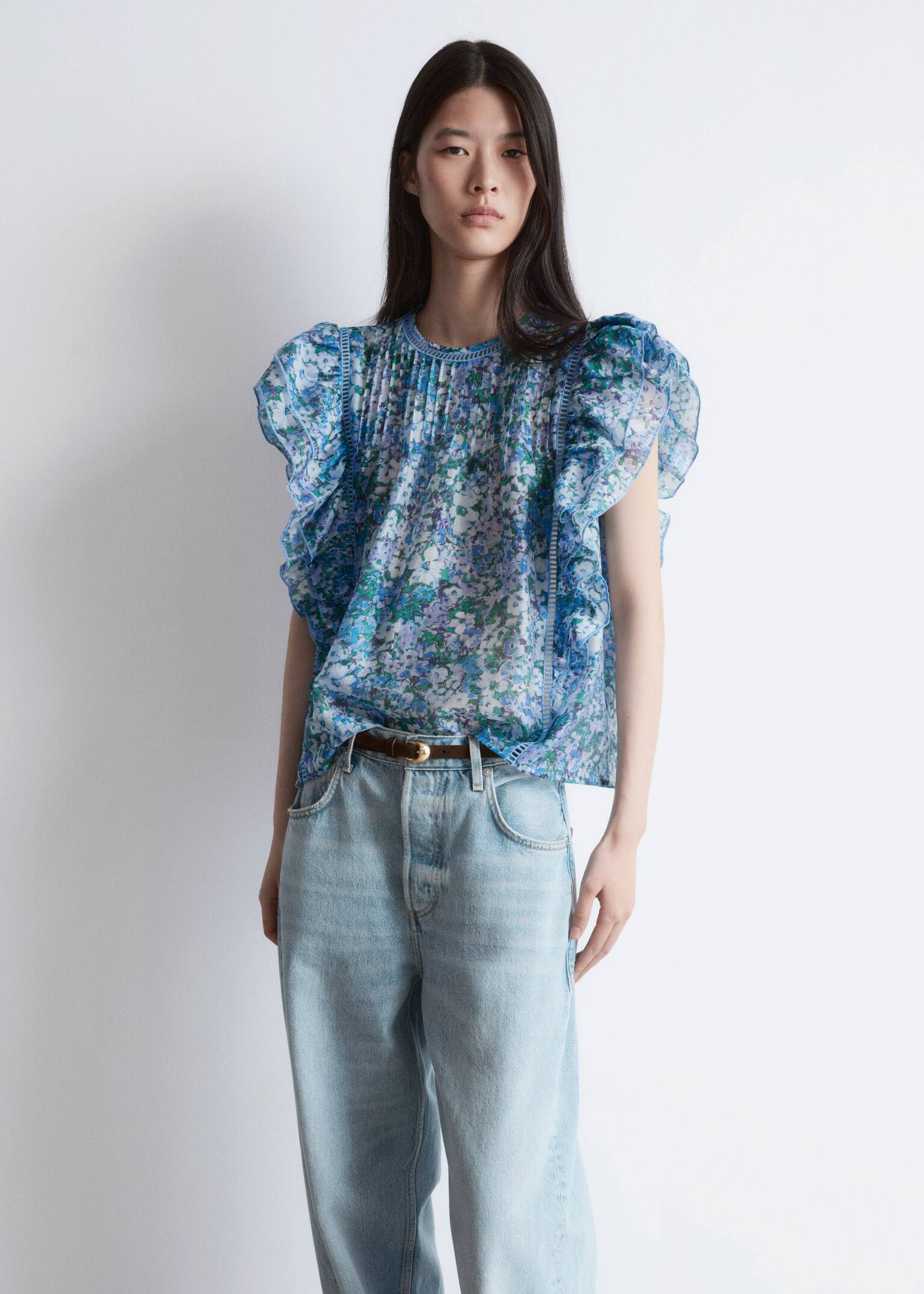 Haut à volants - Motif fleuri bleu/Imprimé floral - 8