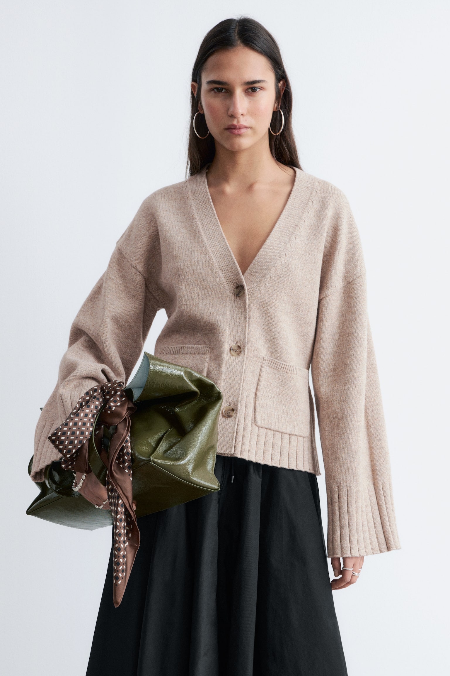 Tapered Knit Cardigan - בז'/אפור כהה/חום כהה - 1