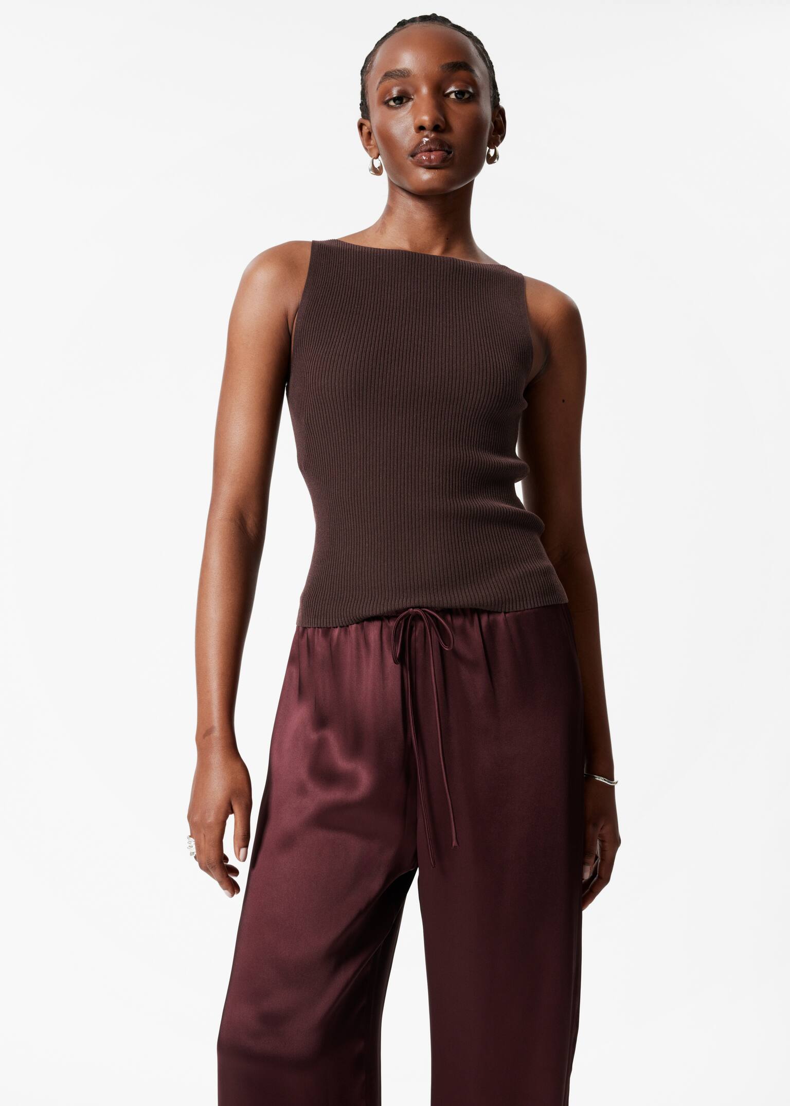 Drawstring Satin Trousers - Dark Red/Dark Brown - 3
