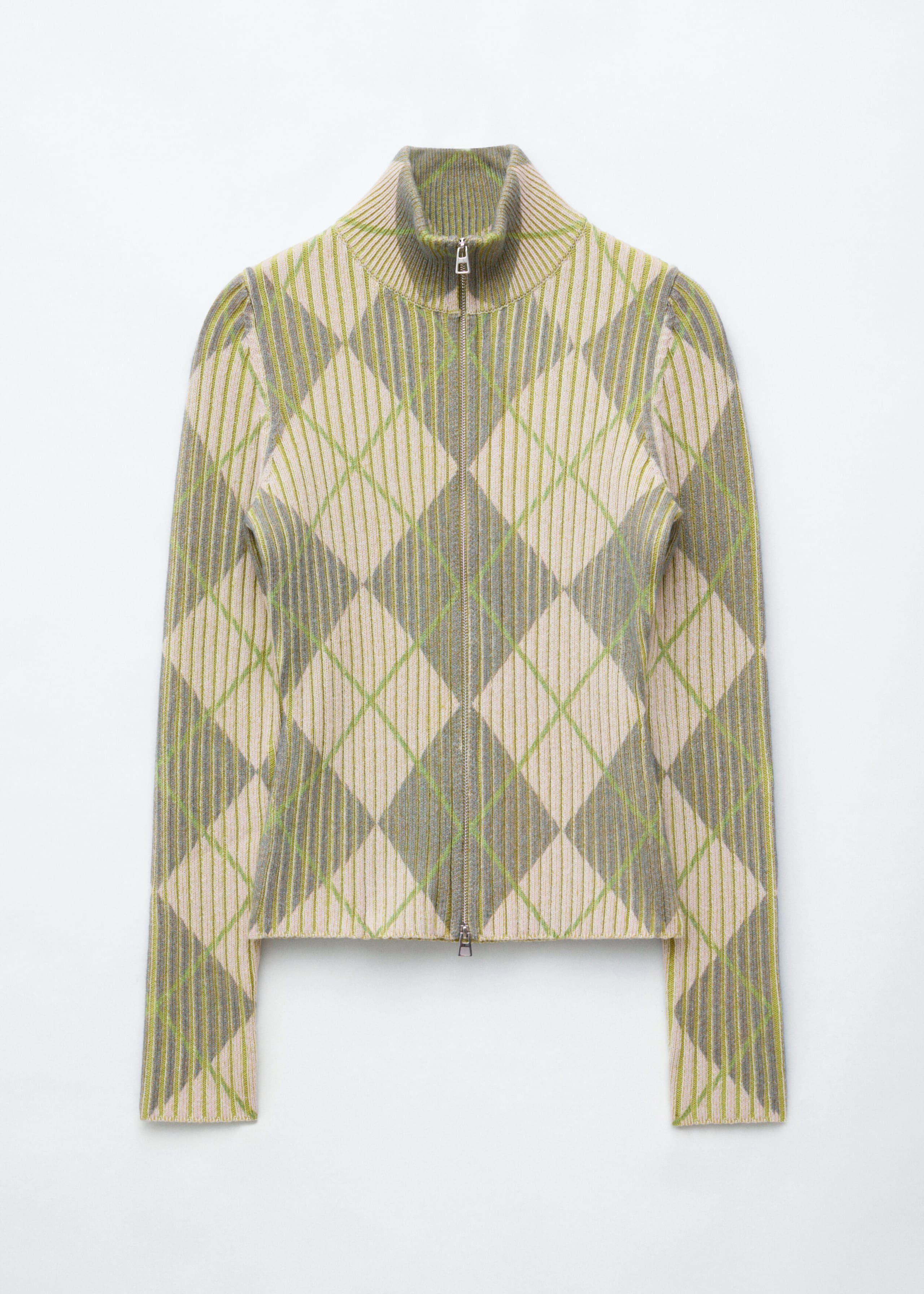 Wool-Cotton Zip Cardigan - Beige/Green/Checked - Still Life