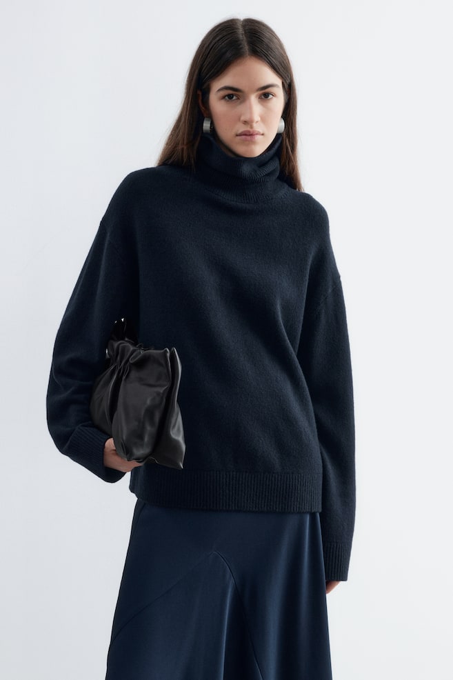 Maglione dolcevita in lana e cotone - Blu scuro/Talpa scuro - 1