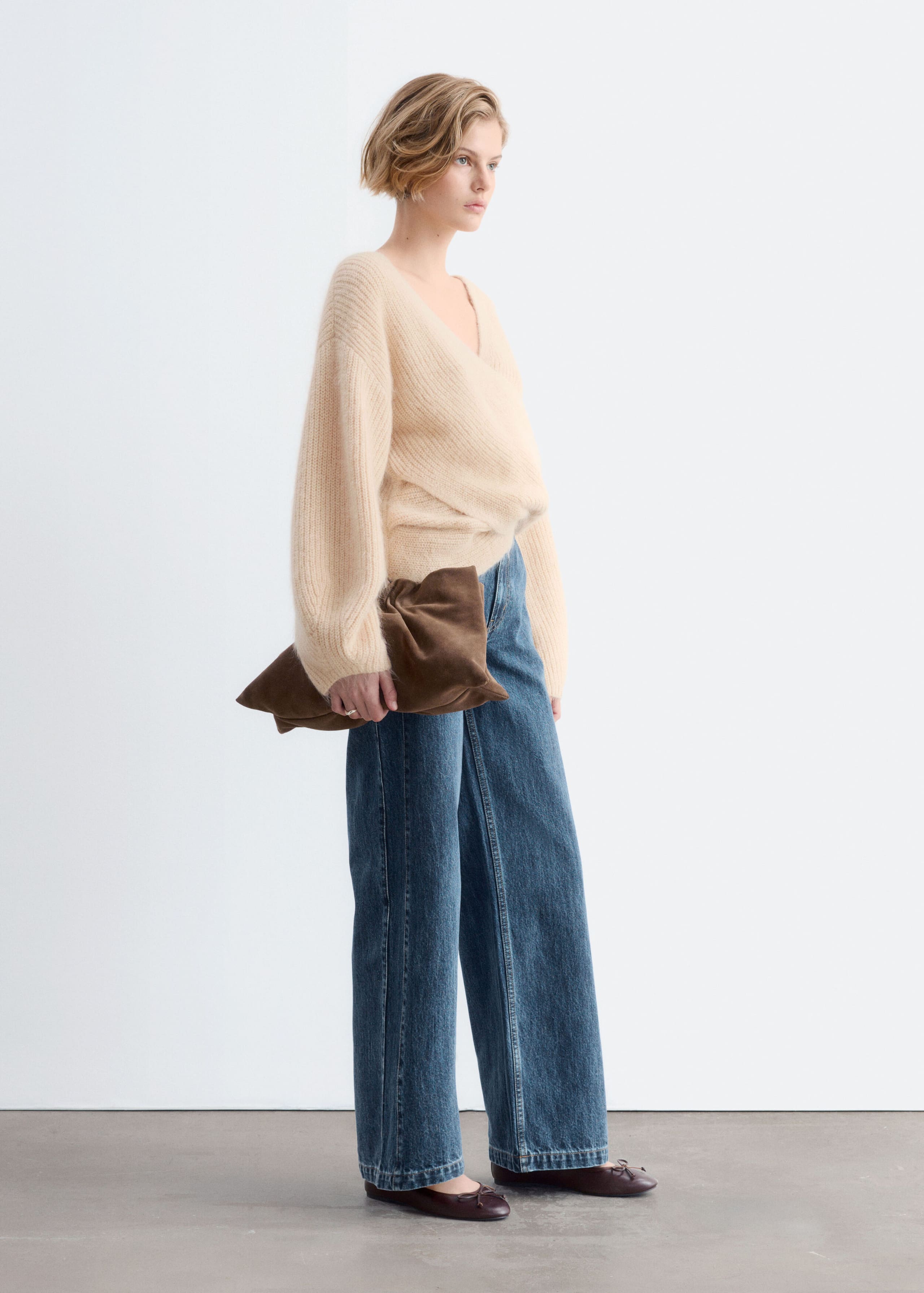 Mohair Blend Wrap Front Jumper - Beige - Lookbook