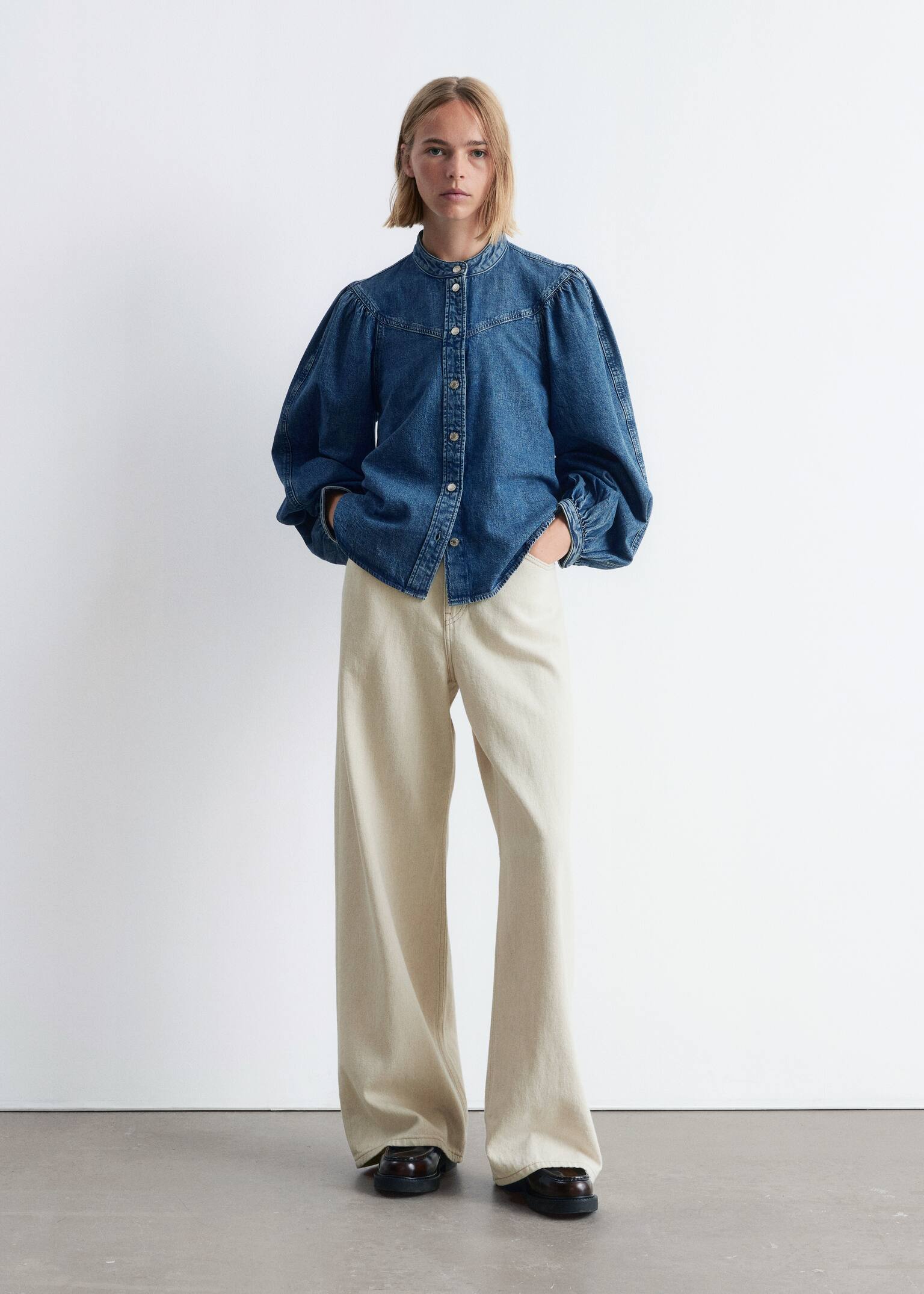 Puff-Sleeve Denim Blouse - Mid Blue - 3