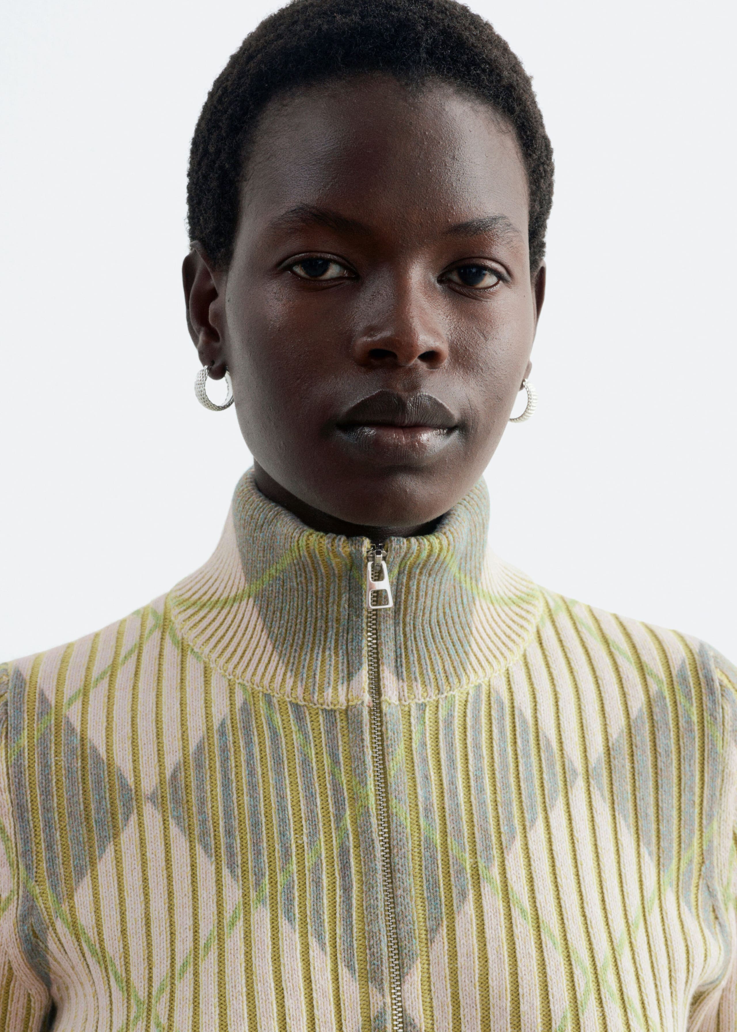 Wool-Cotton Zip Cardigan - Beige/Green/Checked - Lookbook