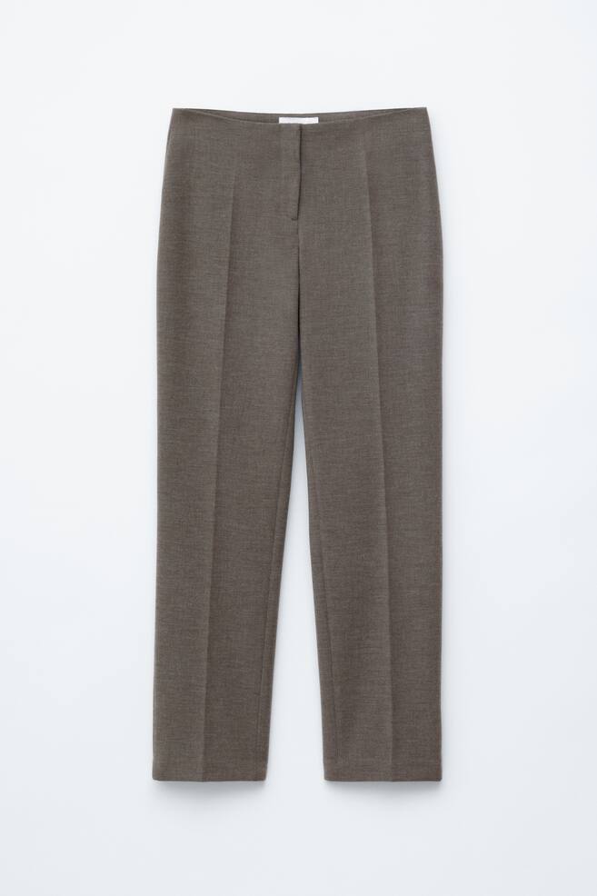A pair of heathered dark grey trousers is shown facing FRONT, featuring a flat front waistband, subtle creases running down each leg, a hidden front fastening, and a straight-leg fit. - 1
