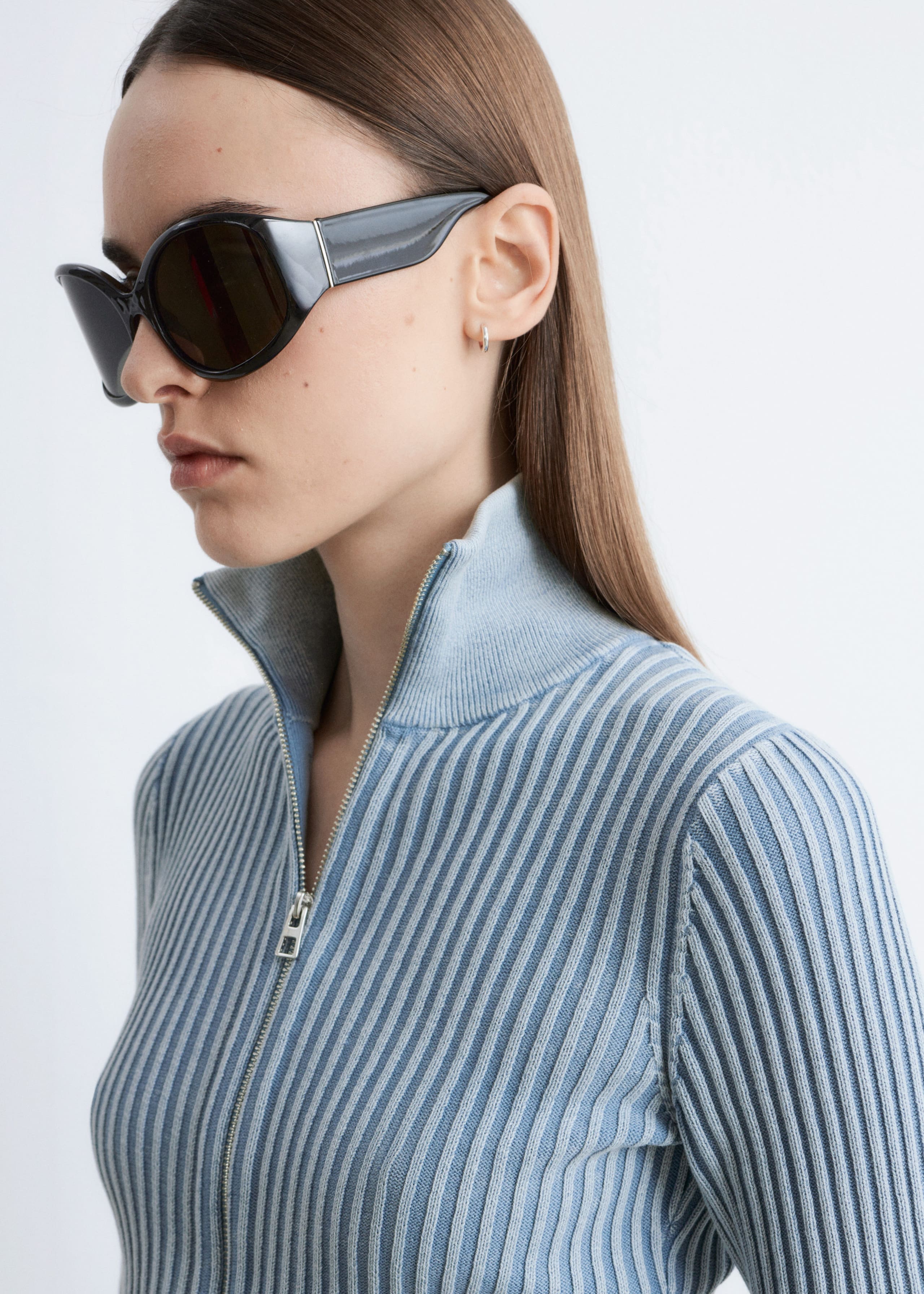 Zip-Up Turtleneck Cardigan - Dusty Blue - Lookbook