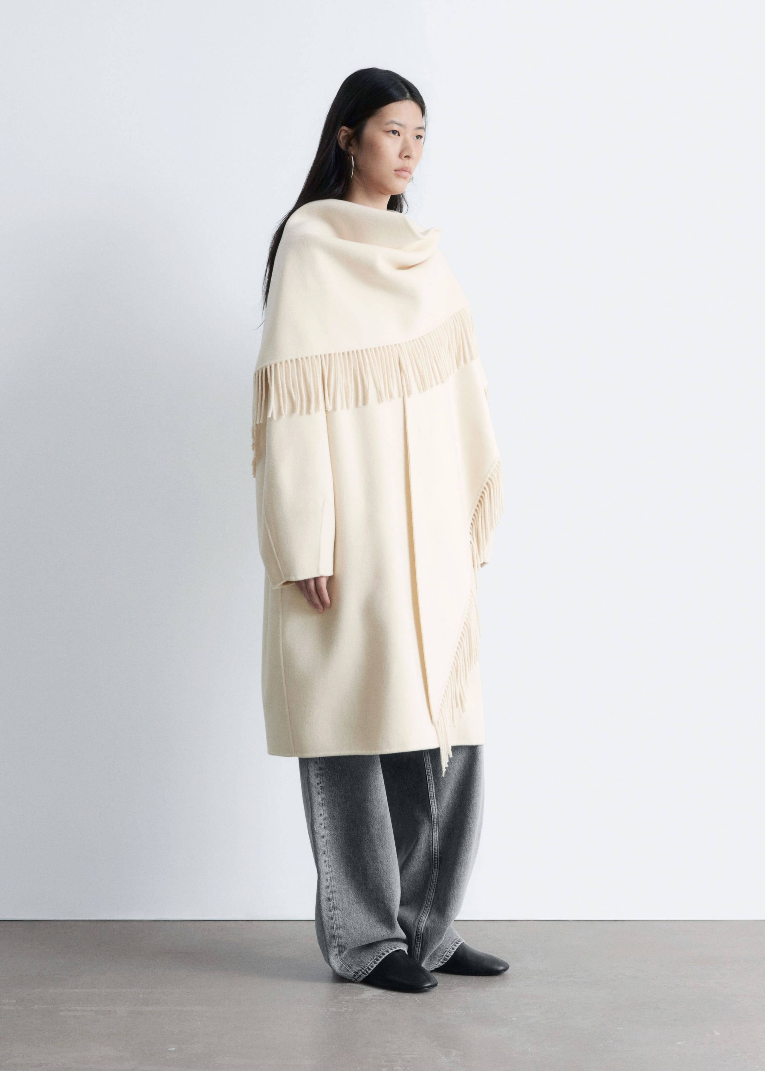 Image of Fringed Shawl Wool Coat