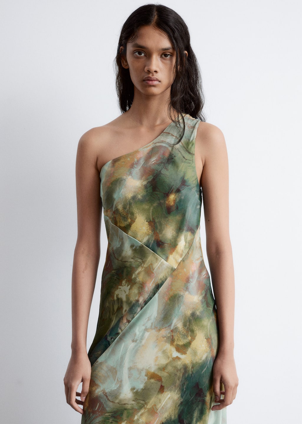 Image of One-Shoulder Satin Midi Dress