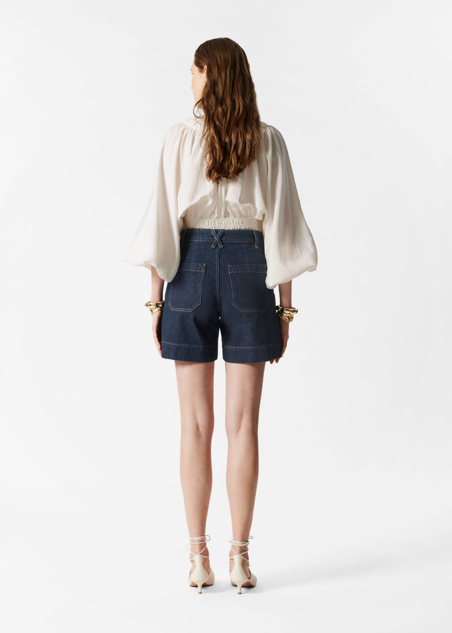 Pantaloni scurți din denim cu talie înaltă - Albastru închis - 3