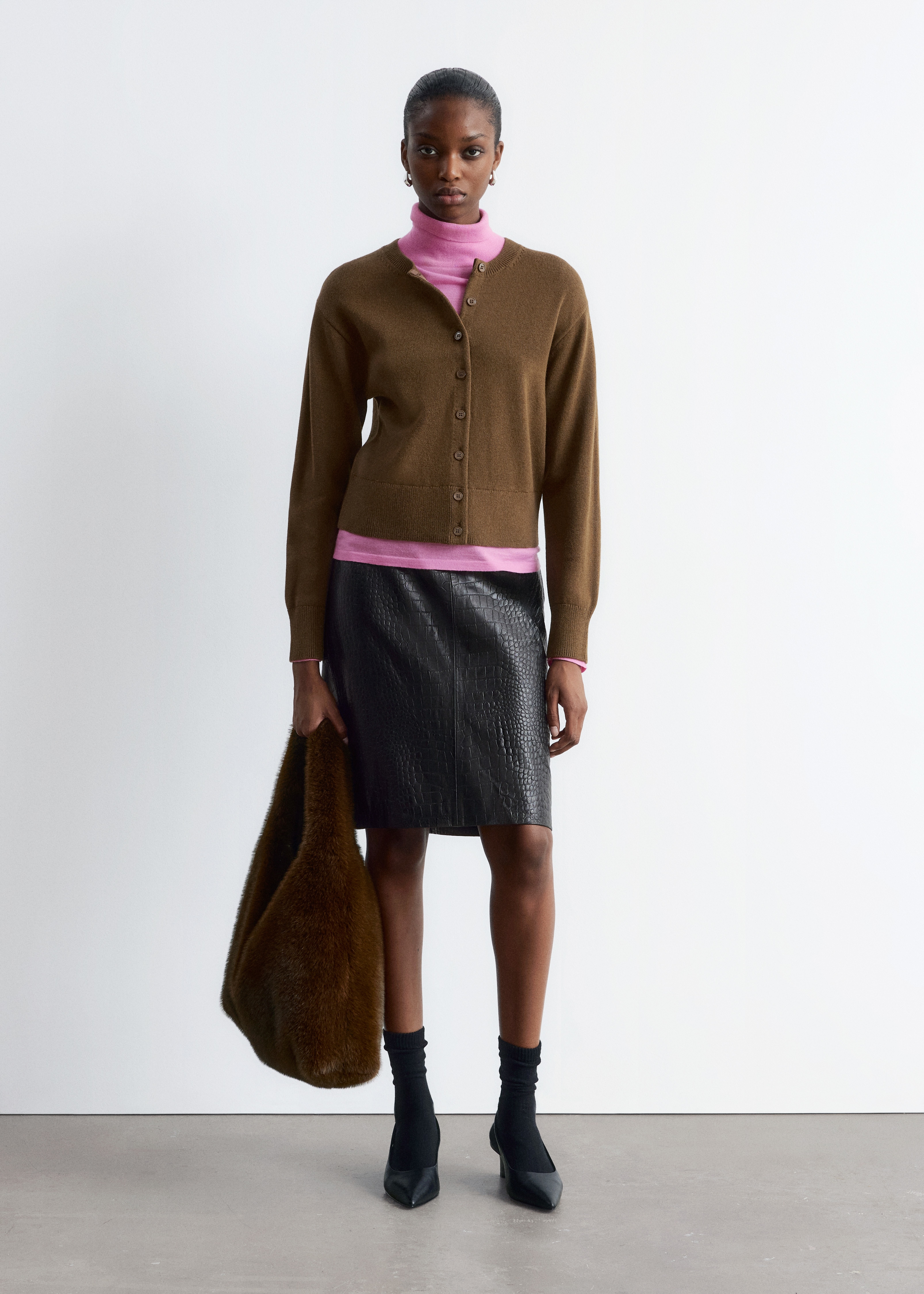 Strickjacke aus Wollmix - Hellbraun/Dunkelrot/Schwarz/Graubraun