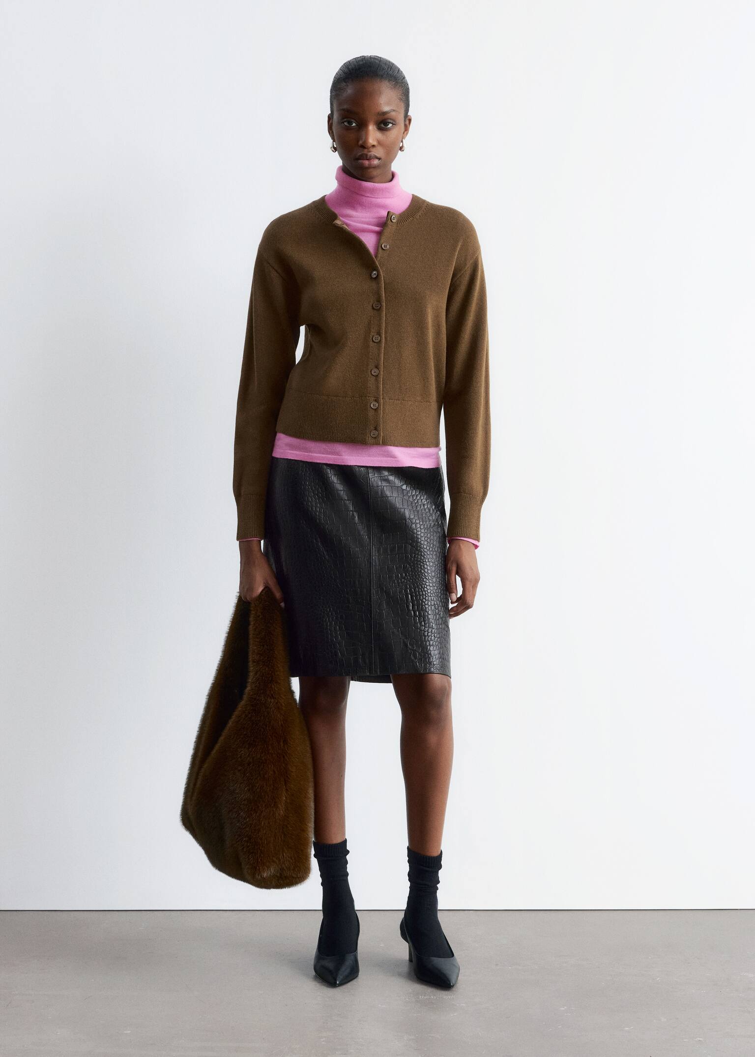 Wool-Blend Cardigan - Light Brown/Dark Red/Black/Mole