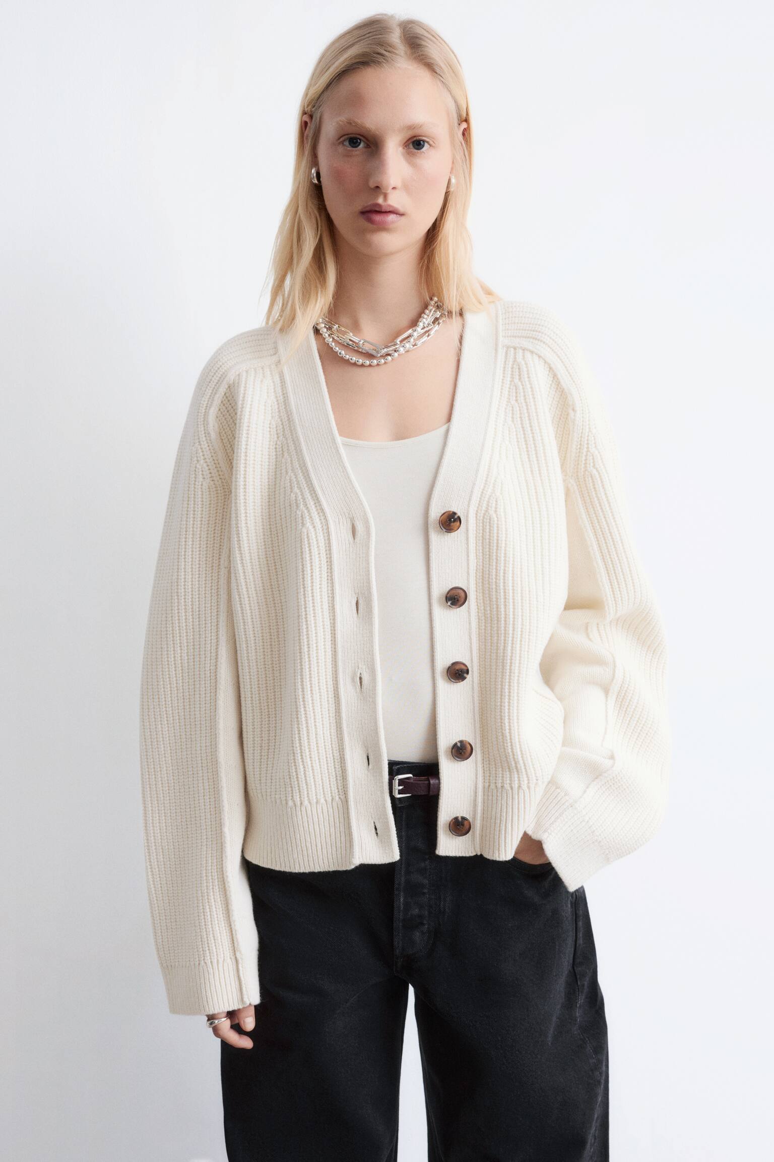 Cardigan en laine mérinos - Couleur crème/Noir - 3