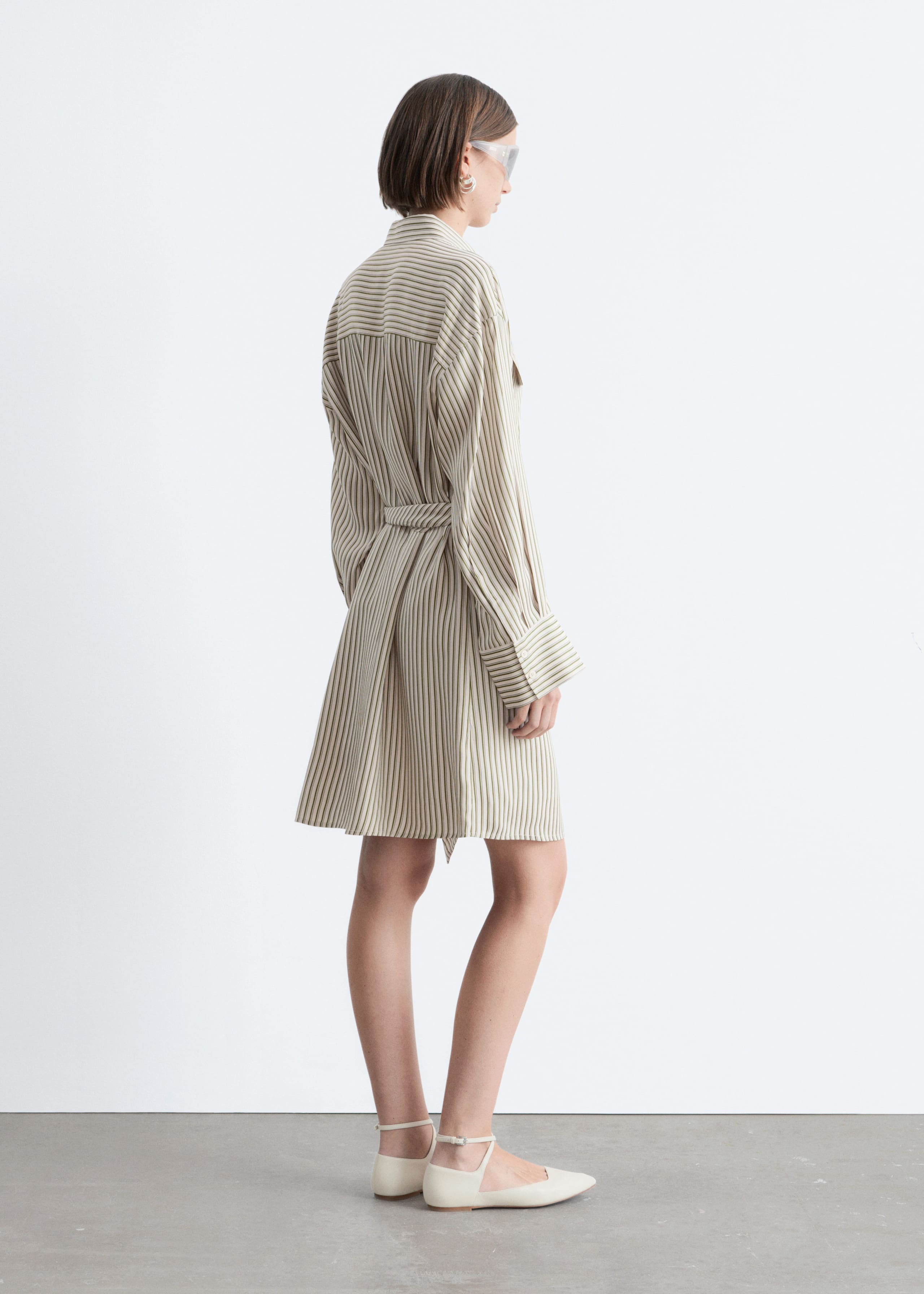 Tie-Belt Mini Shirt Dress - White/Green Pinstripes - Lookbook
