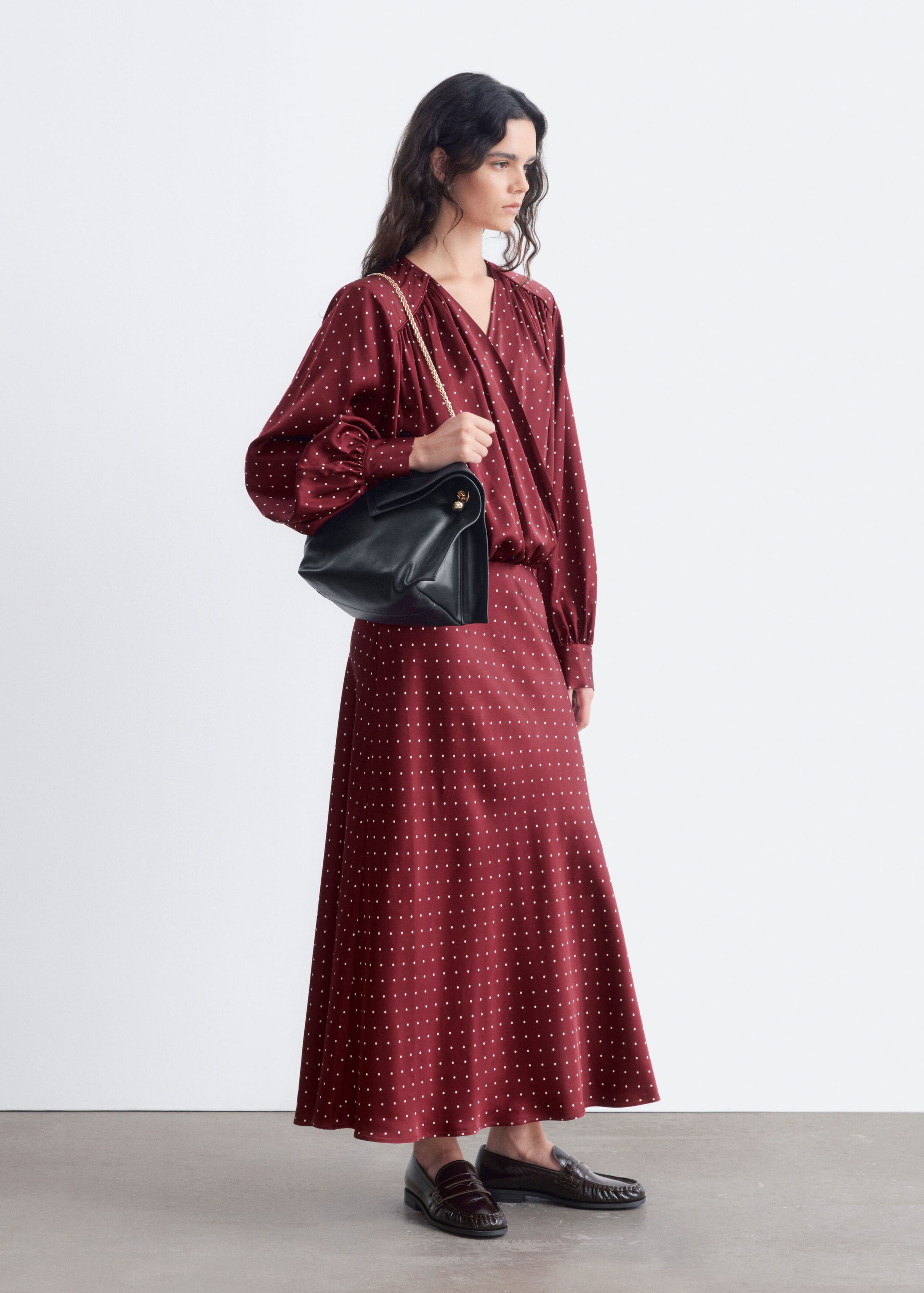 V-Neck Wrap Dress - Dark Red/Dots - Lookbook