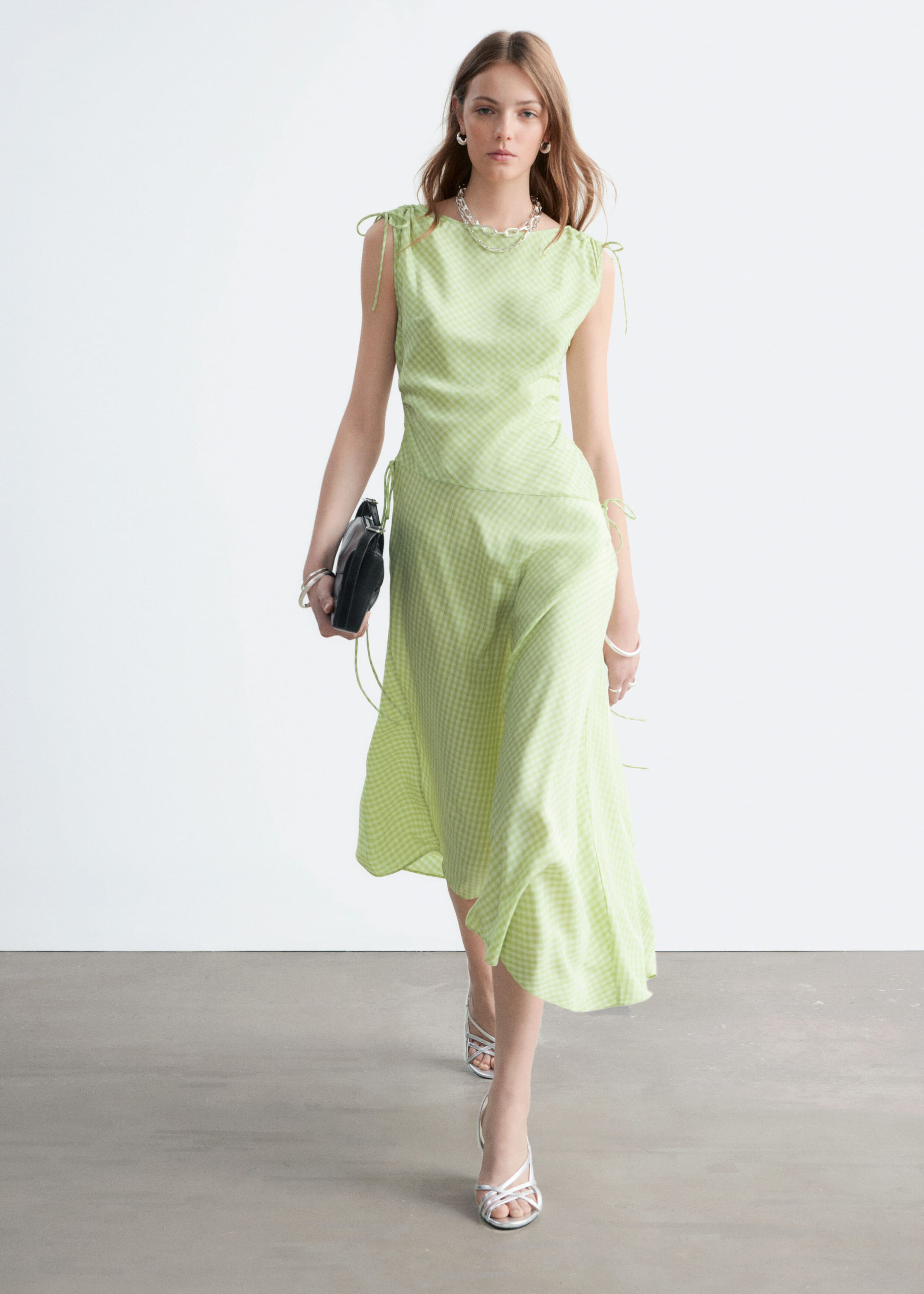 Asymmetric Draped Midi Dress - Light Green/Gingham Checked - Lookbook