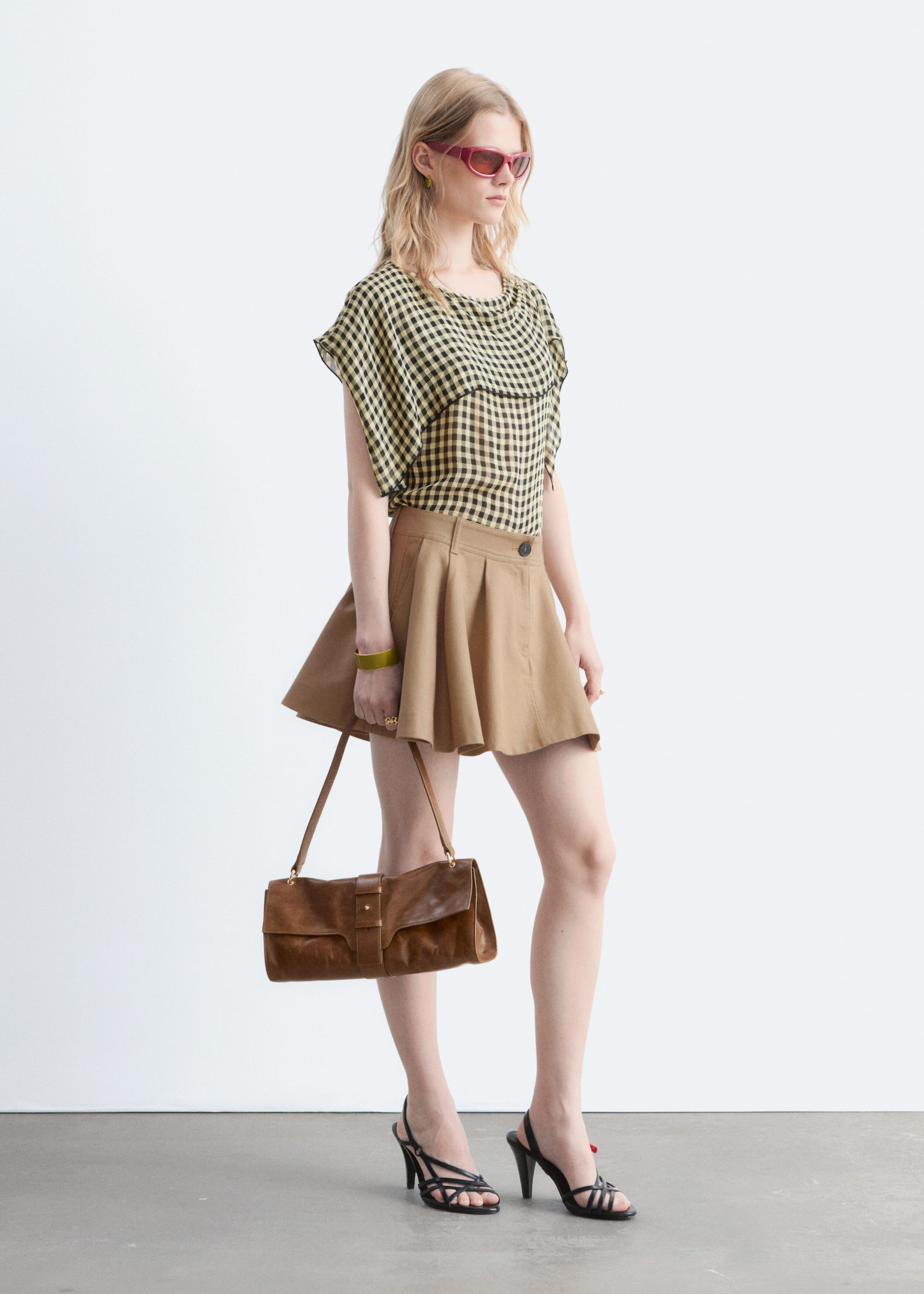 Scarf-Detail Boat-Neck Top - Charcoal/Checked - Lookbook