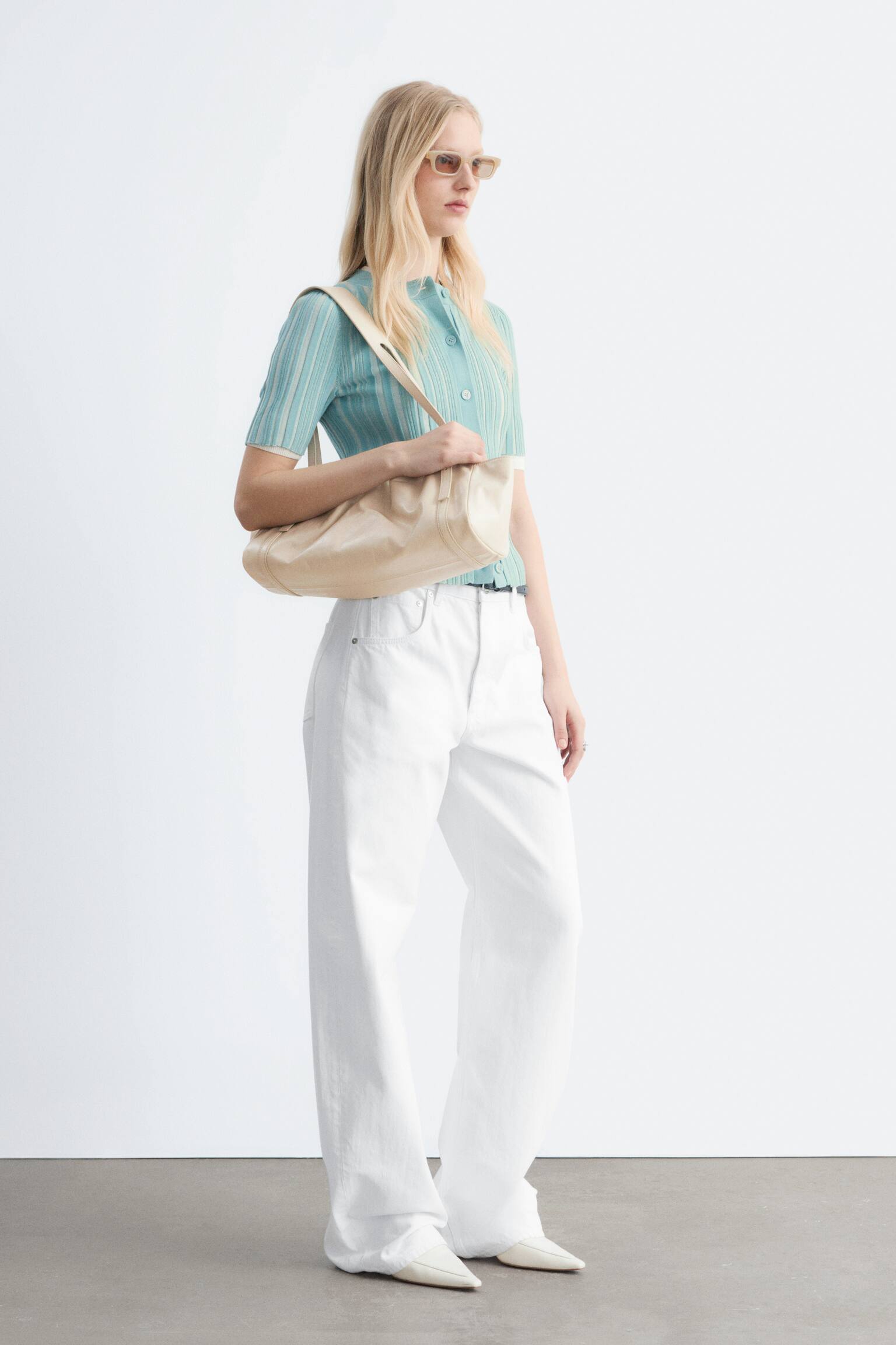 Dzianinowy kardigan w prążki z krótkim rękawem - Turquoise/Żółtozielony - 6