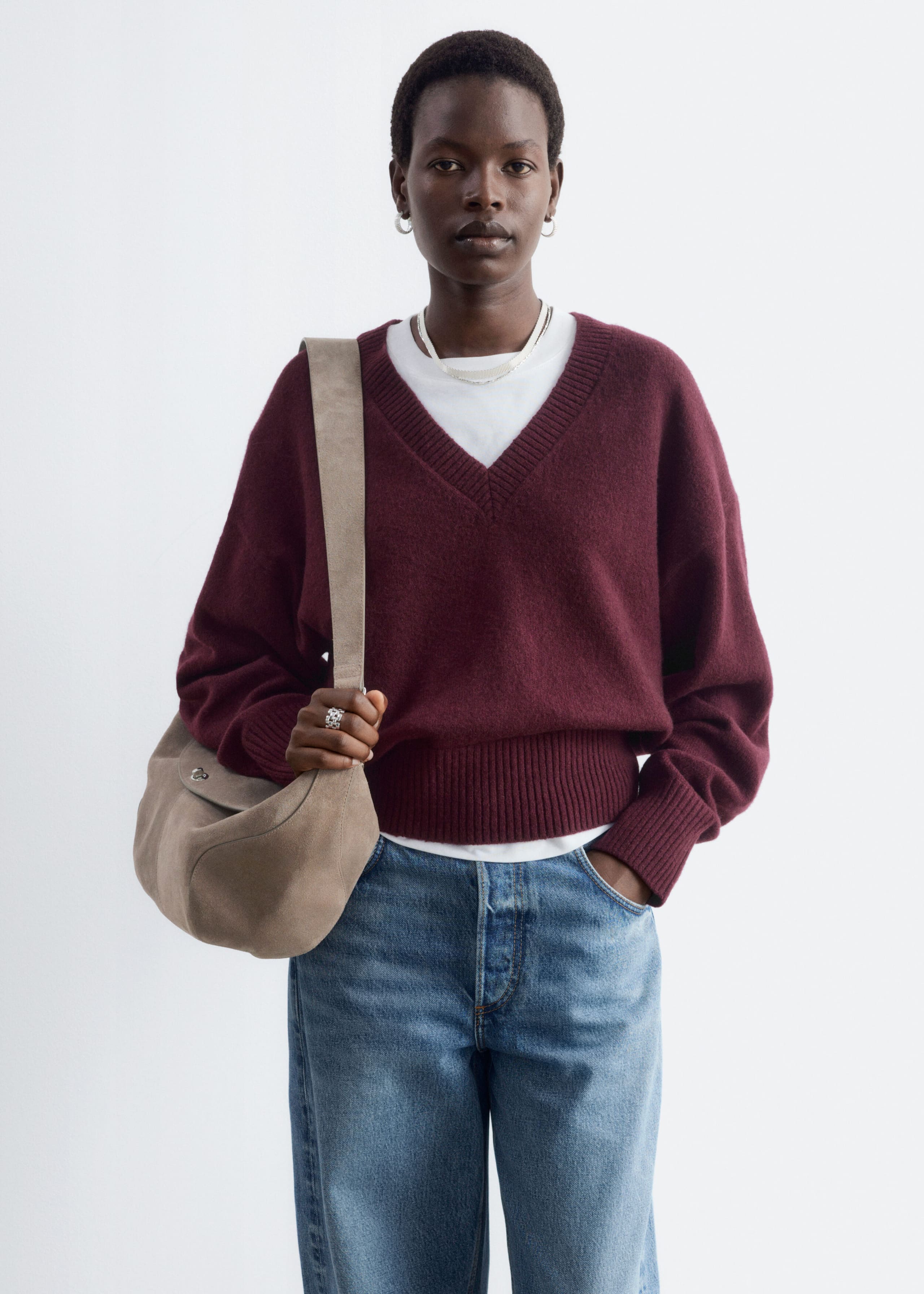 Wool-Cotton V-Neck Jumper - Grey - Lookbook