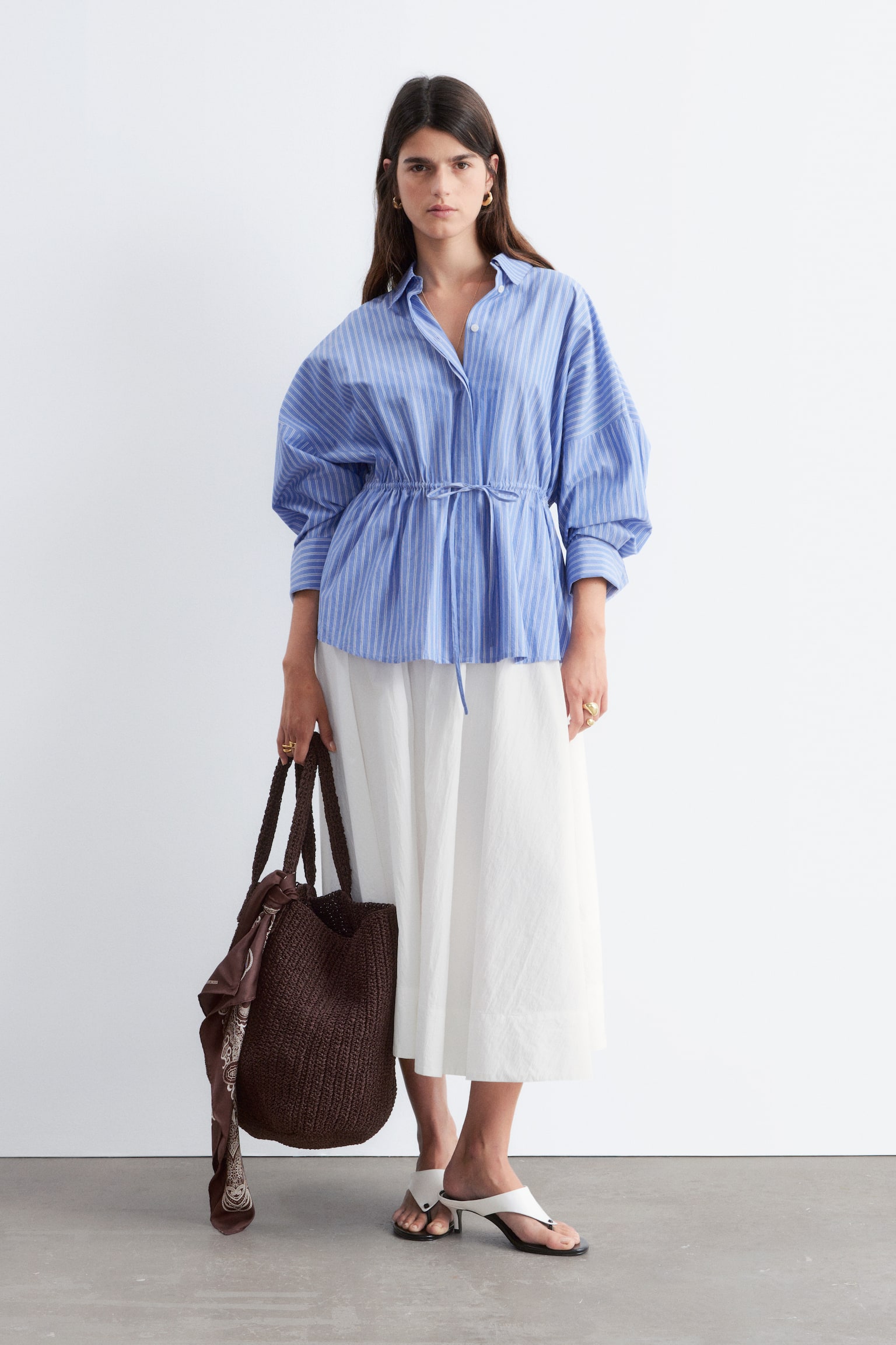 Skjorta i bomullspoplin med dragsko-Blå/randig - 6