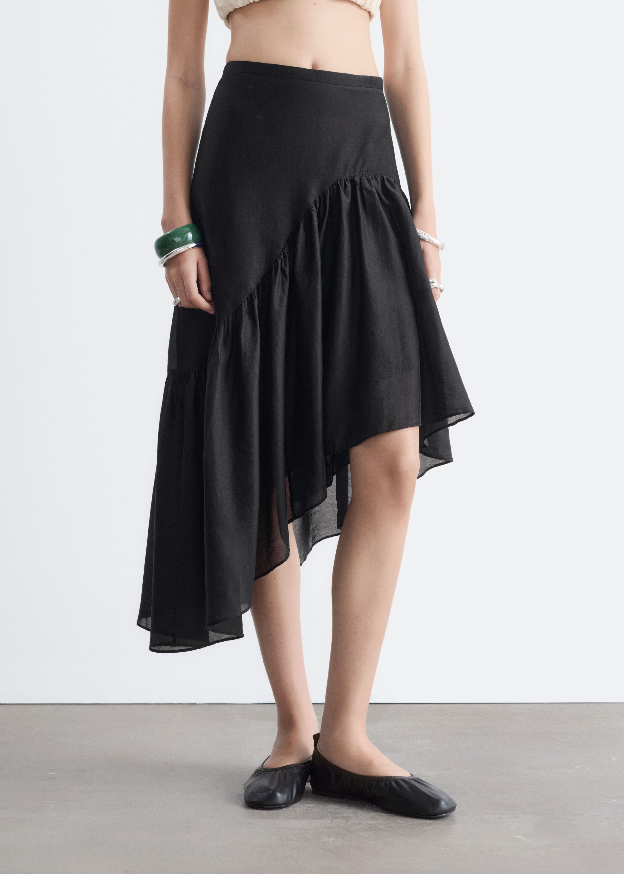 Asymmetric Ruffle Midi Skirt - Black - Lookbook