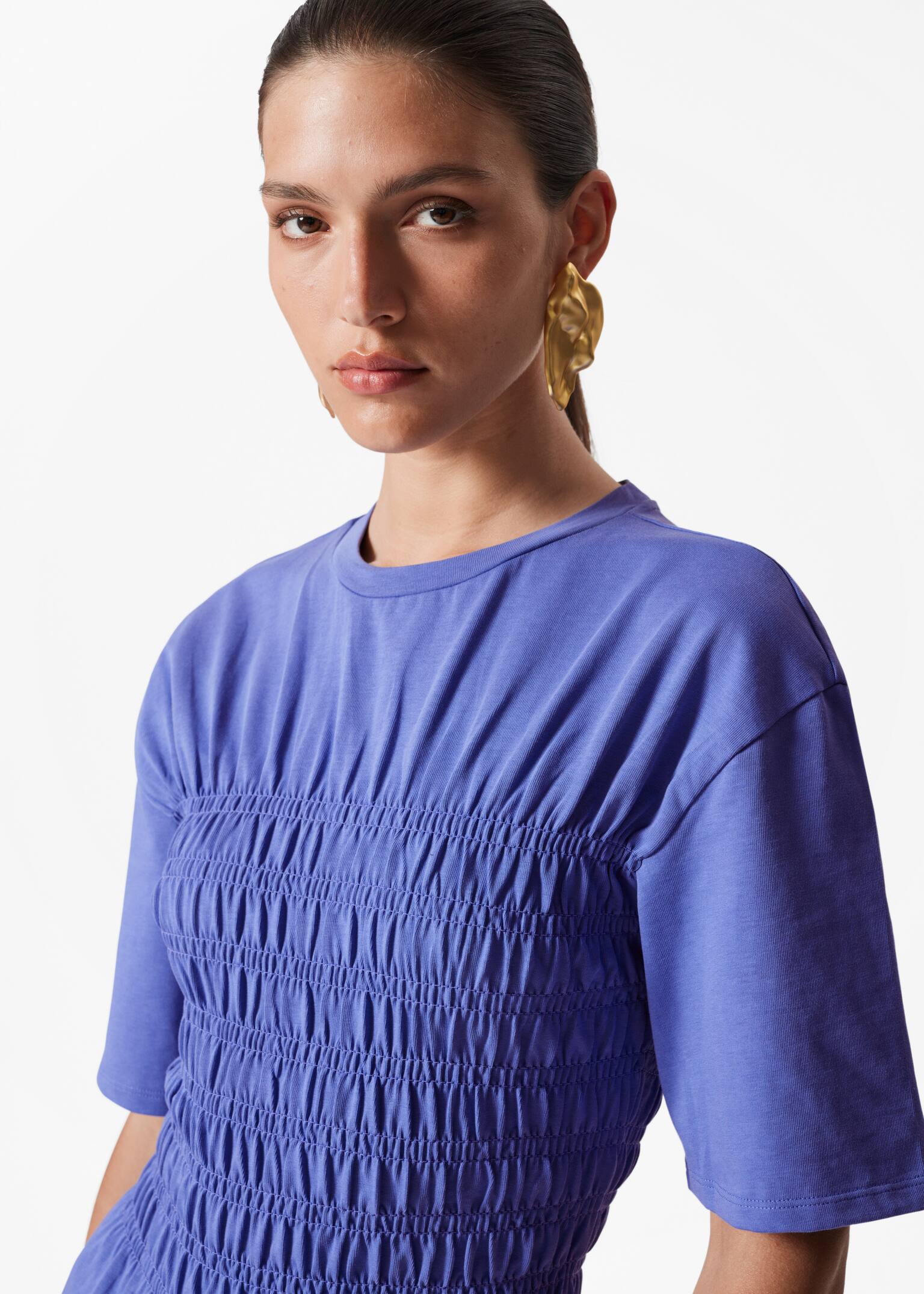 Top de cuello redondo fruncido con nido de abeja - Azul/Blanco/Lavanda - 5