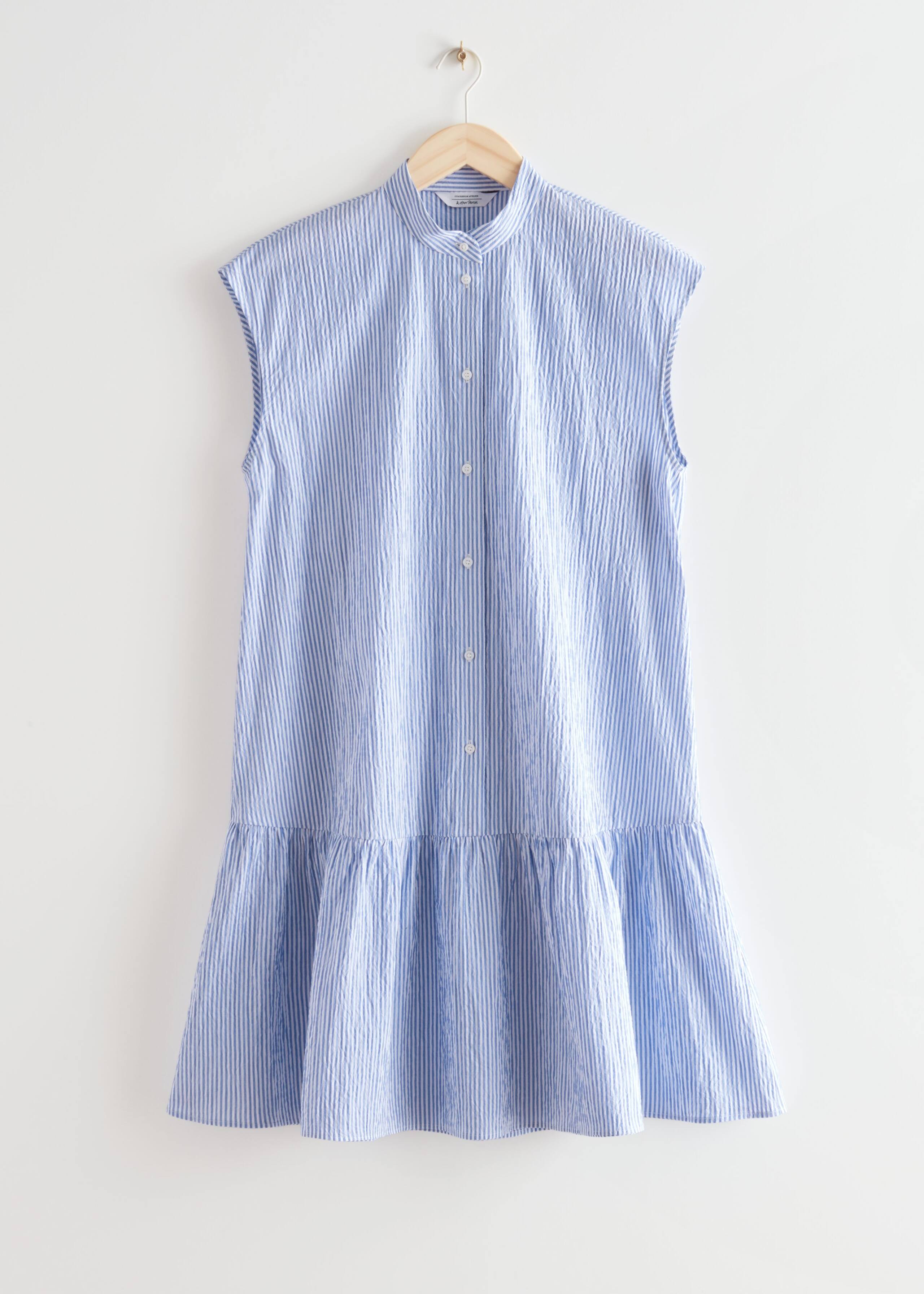 Buttoned Tiered Midi Dress - Blue Stripes - Natura morta