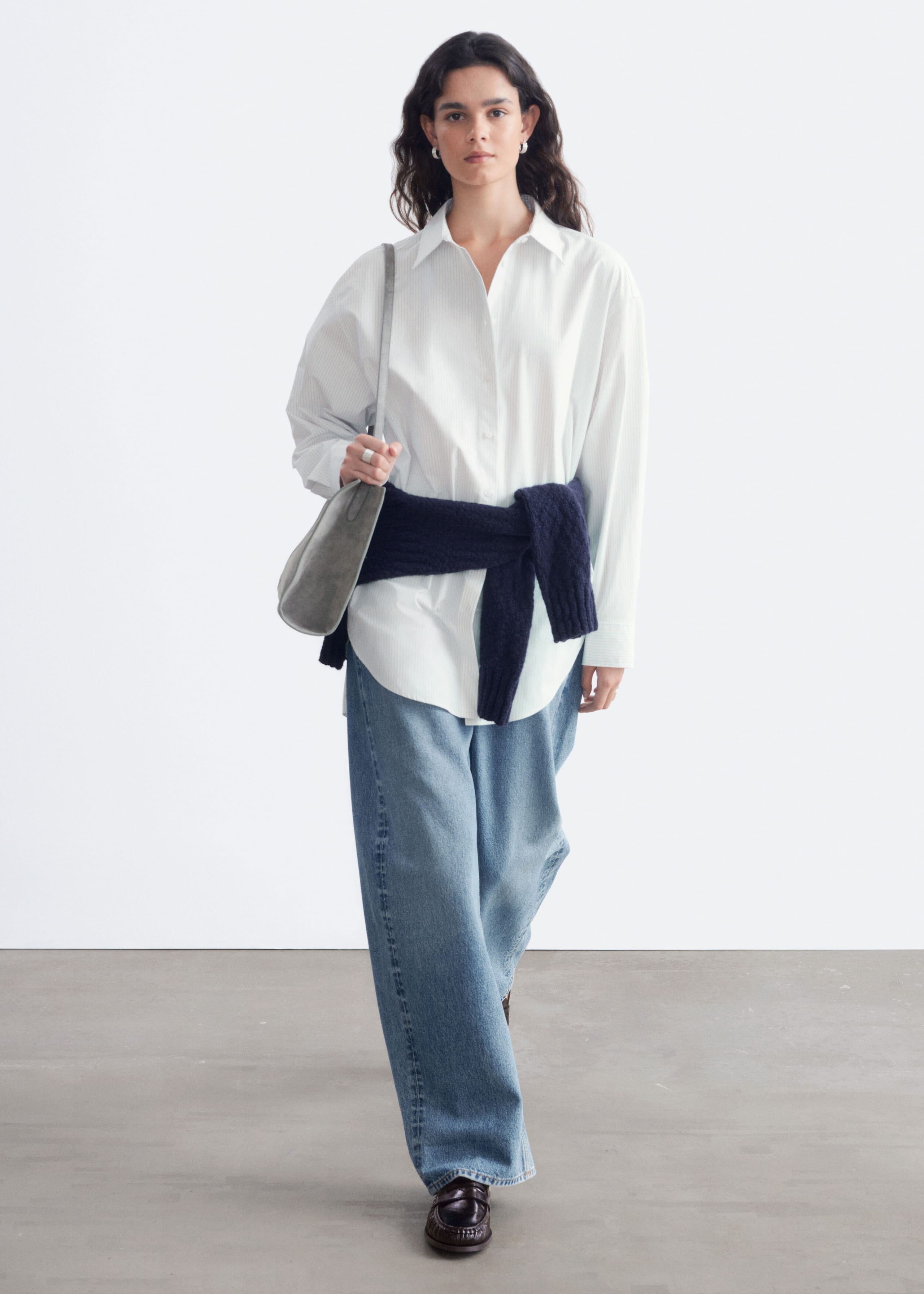 Rounded-Hem Oversized Shirt - White - Lookbook