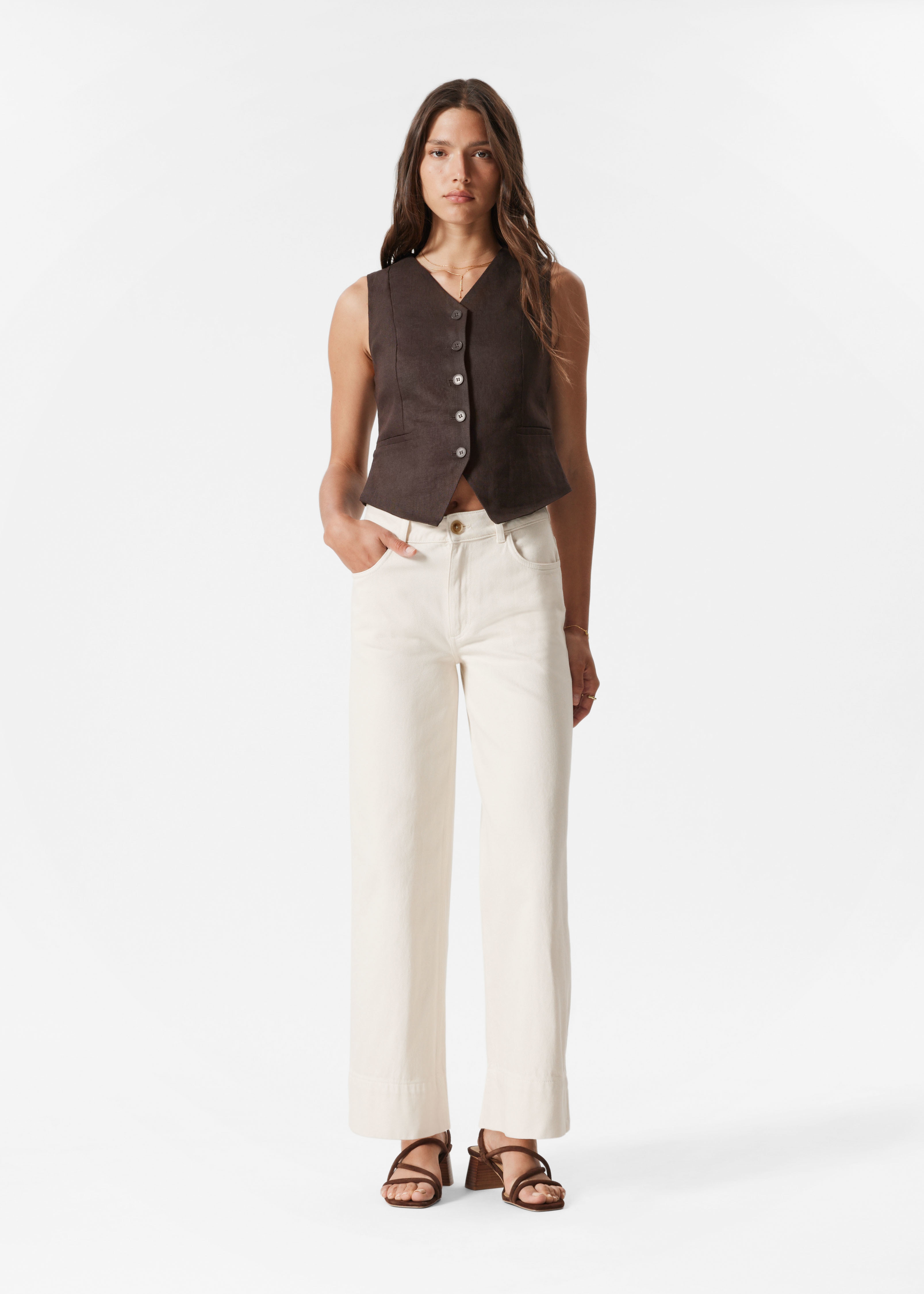 Jean droit court - Couleur crème/Noir