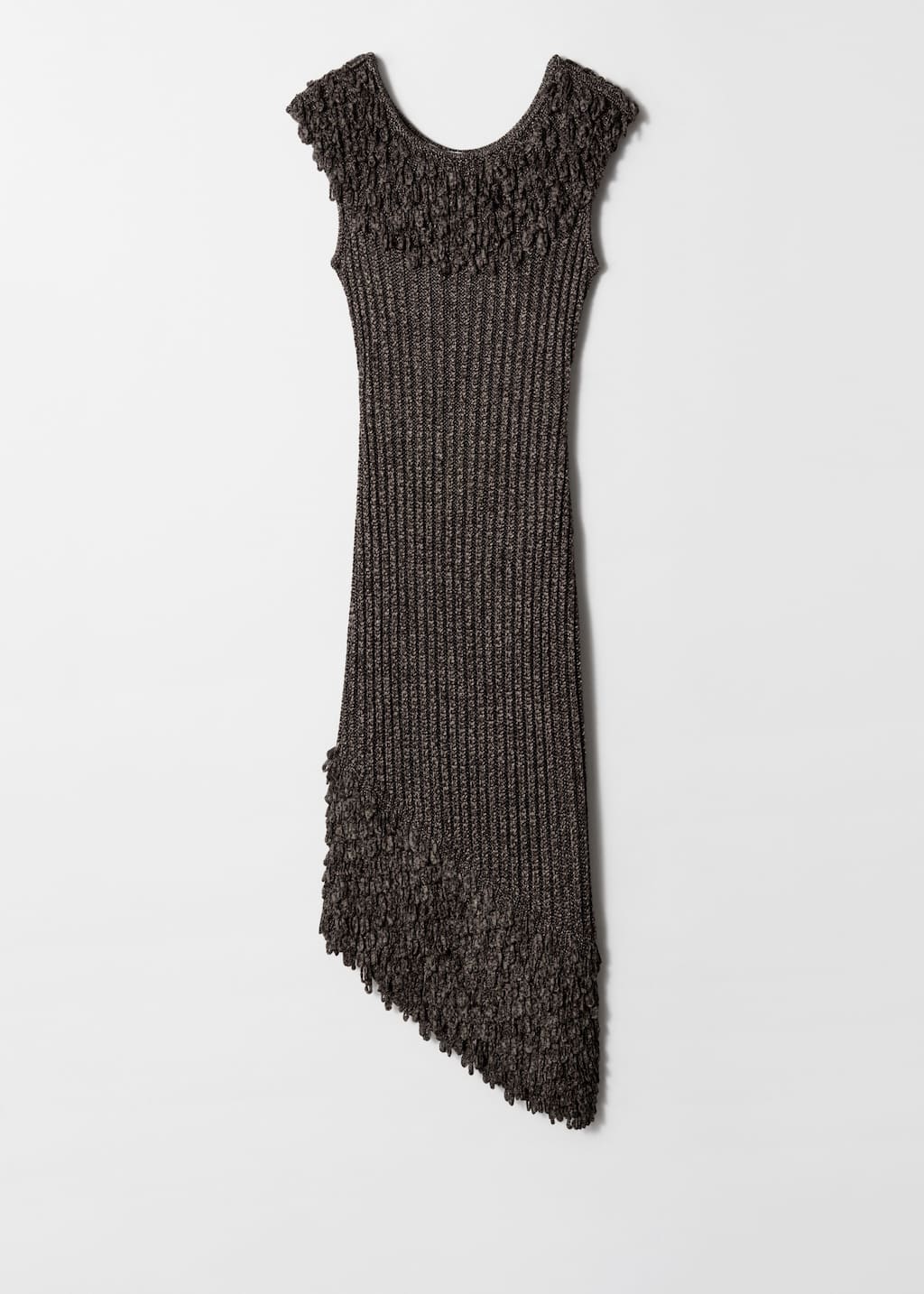 Abito midi in maglia a coste con frange - Grigio metallizzato - Natura morta