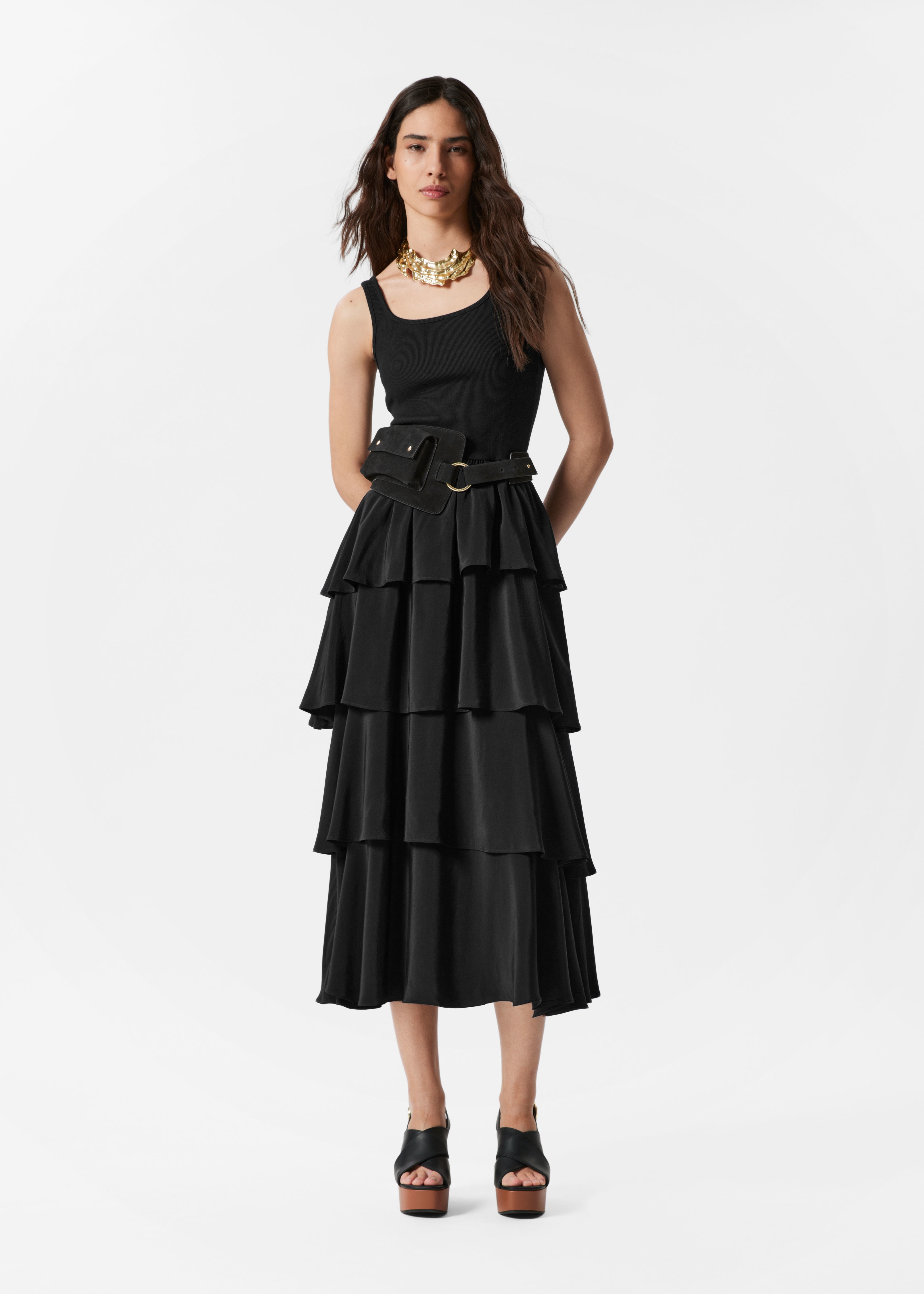 Midi šaty s volány - Černá/Béžová