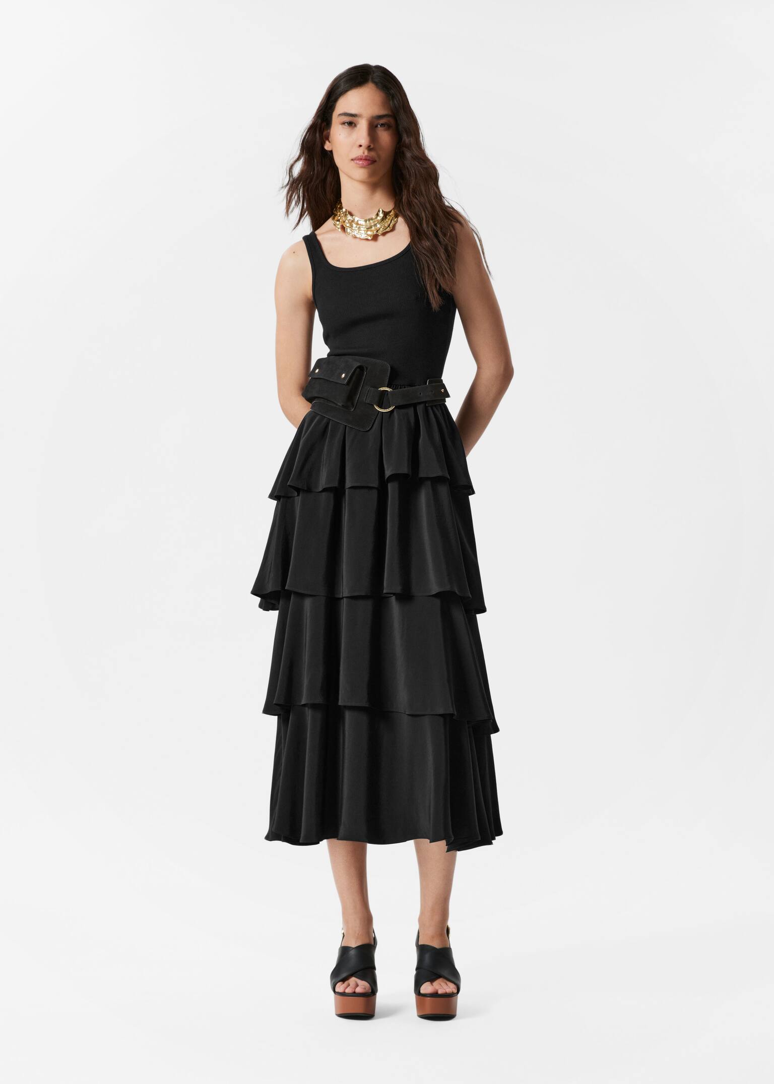 Robe midi à volants - Noir/Beige