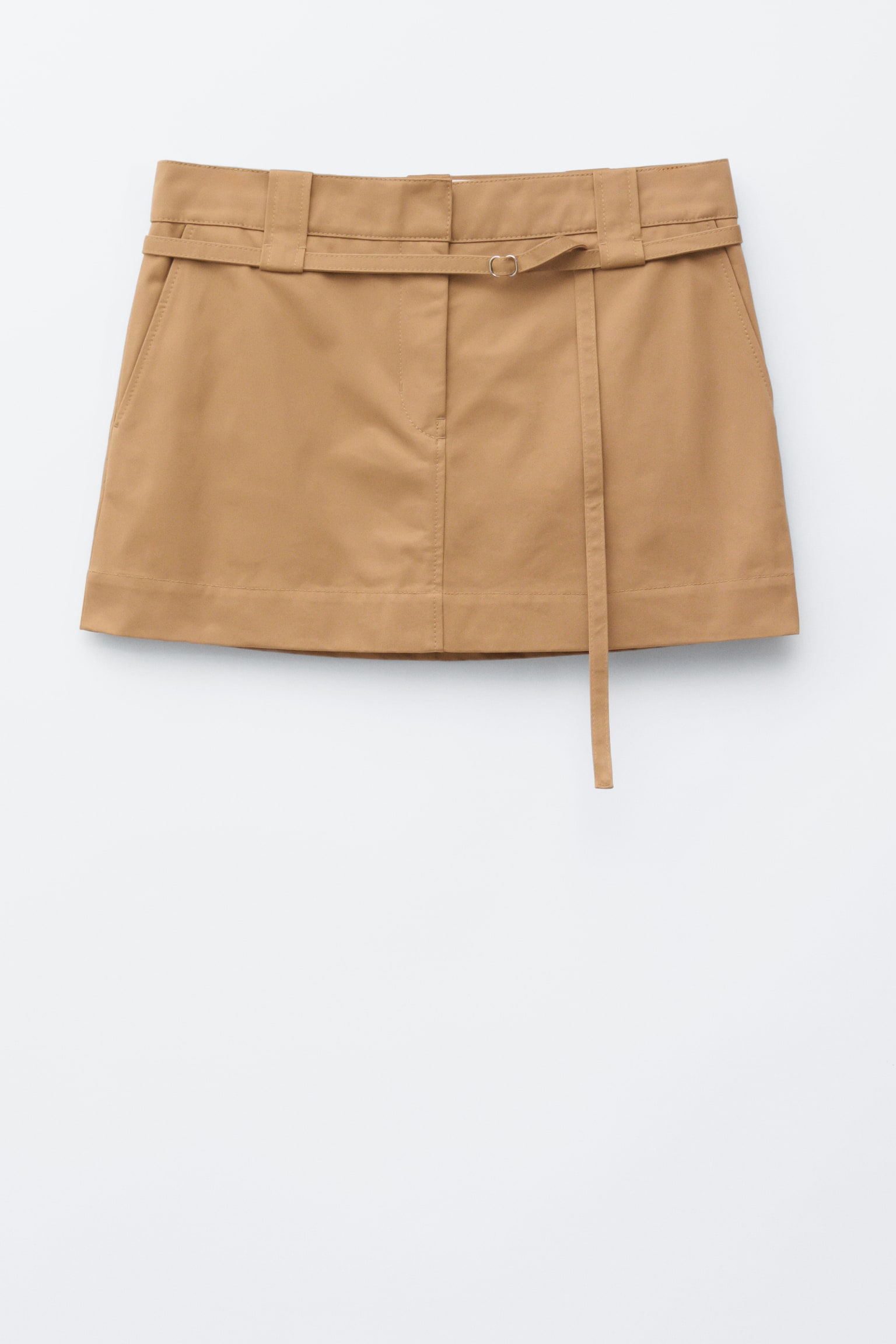 Fustă Mini Din Twill De Bumbac Cu Curea - Bej - 1