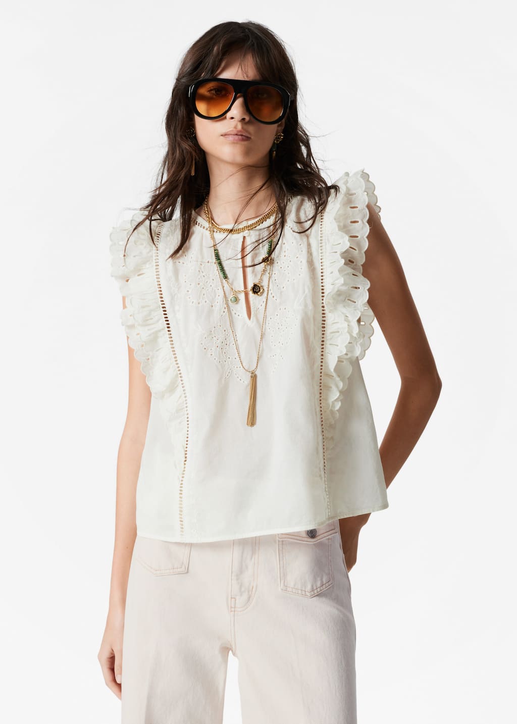 Embroidered Frill Top - Cream - Lookbook