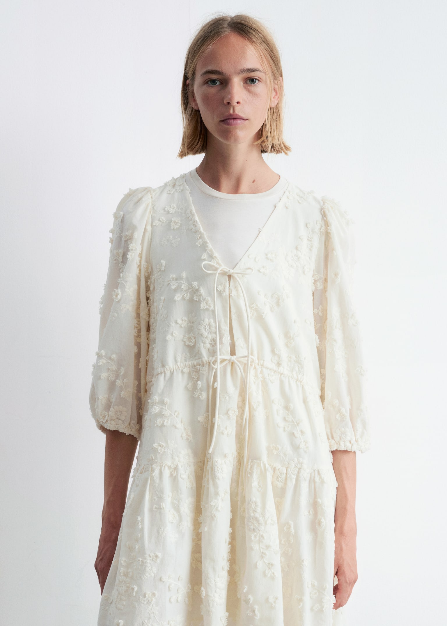 Rochie Mini Brodată - Crem/Negru - 6