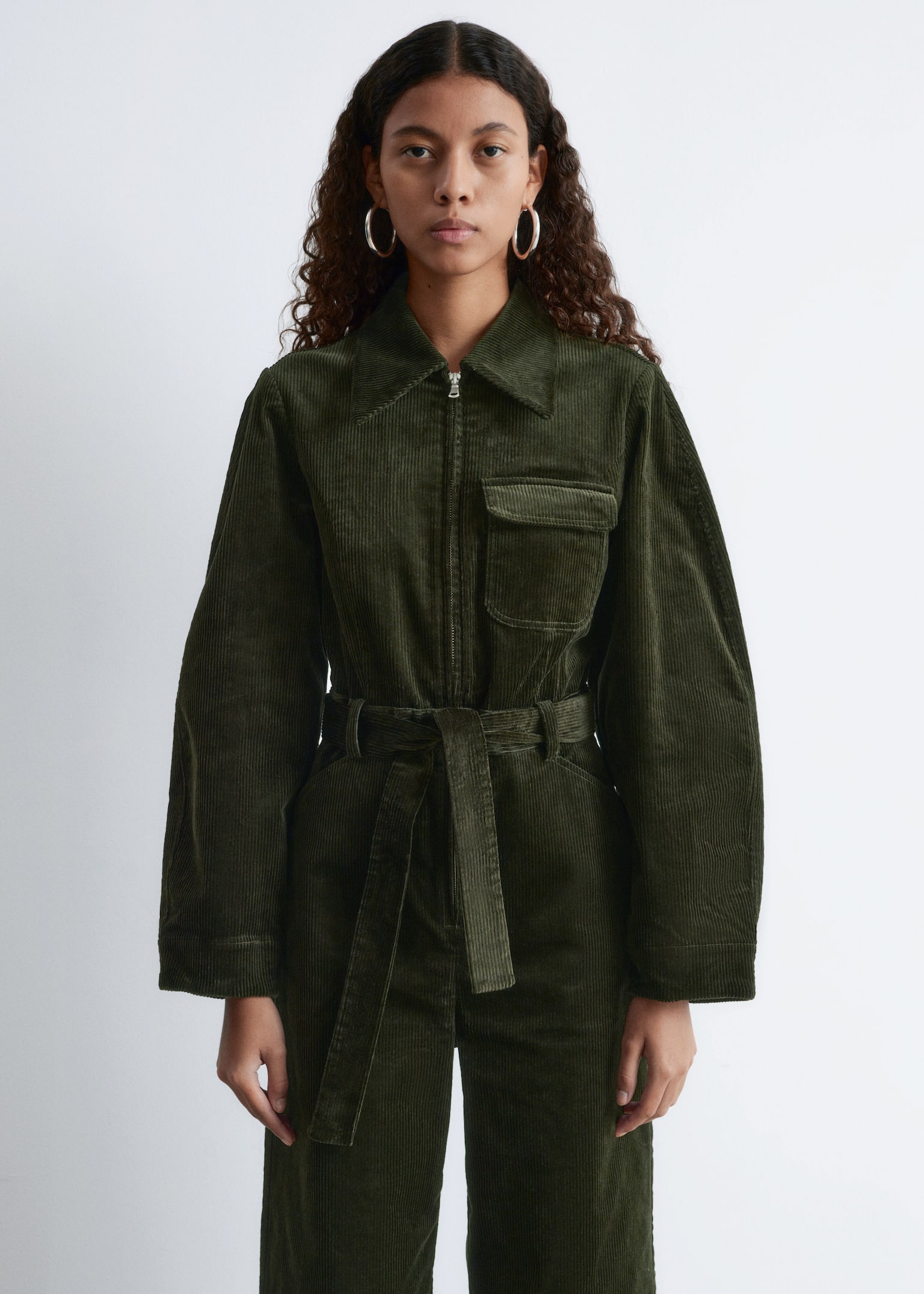 Belted Corduroy Jumpsuit - Dark Green/Burgundy - 6