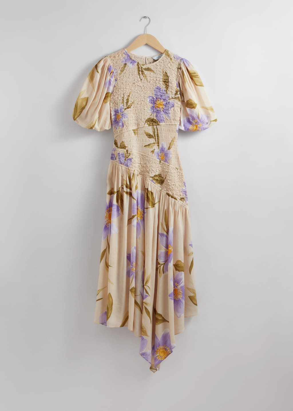 Vestido midi asimétrico fruncido con nido de abeja - Caqui - Bodegón