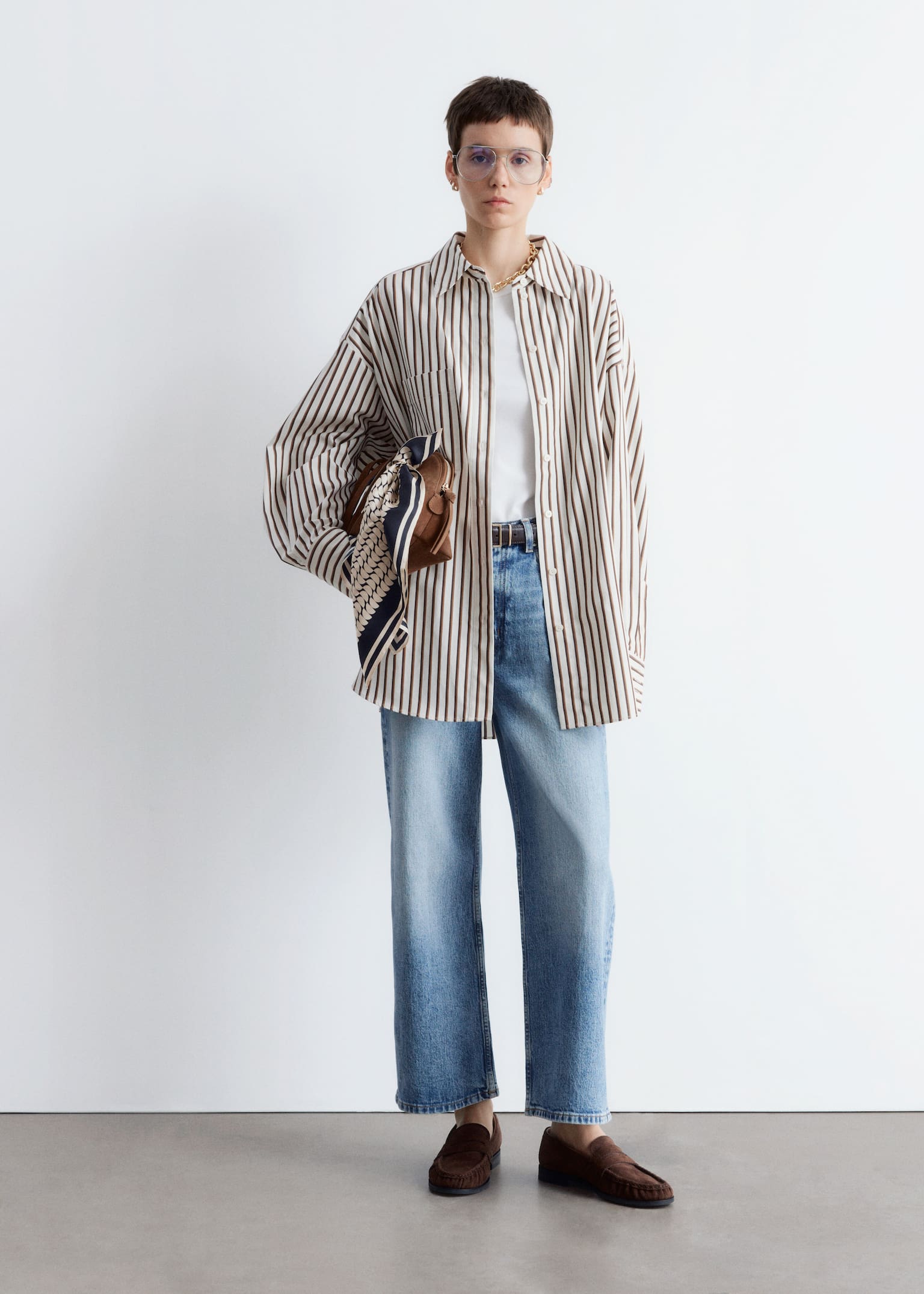 Koszula oversize - Biały/Brązowe paski/Ciemnoczerwony/Różowy - 8