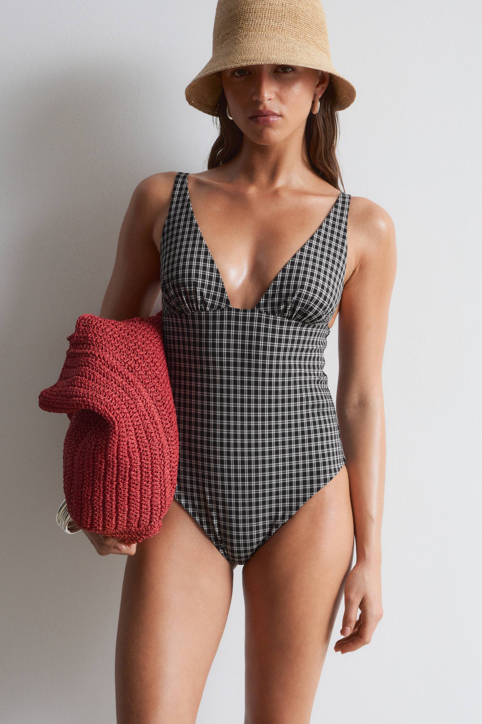 Costum de Baie cu Decolteu în V - Negru/Galben/Carouri - 1