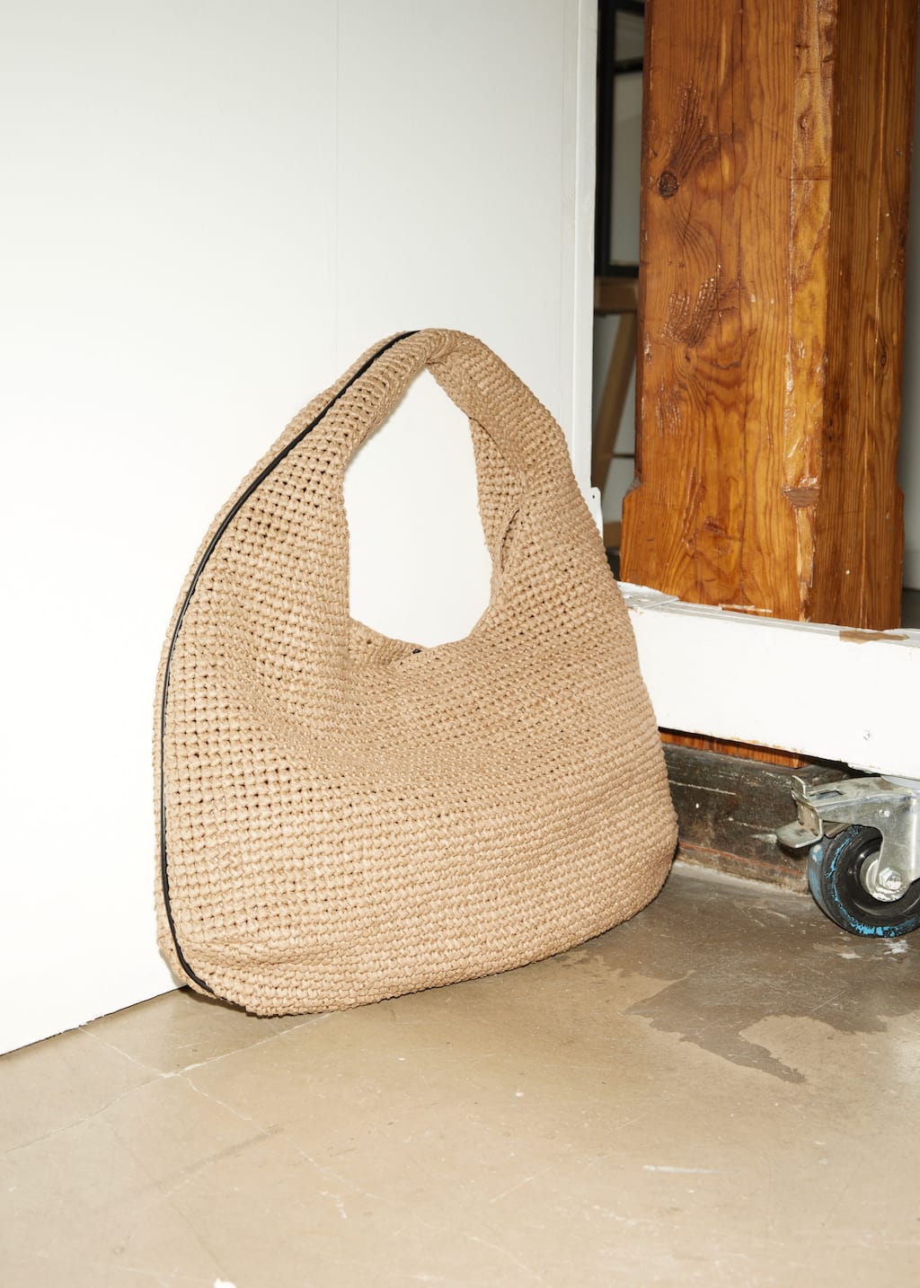 Image of Leather-Piping Straw Shoulder Bag