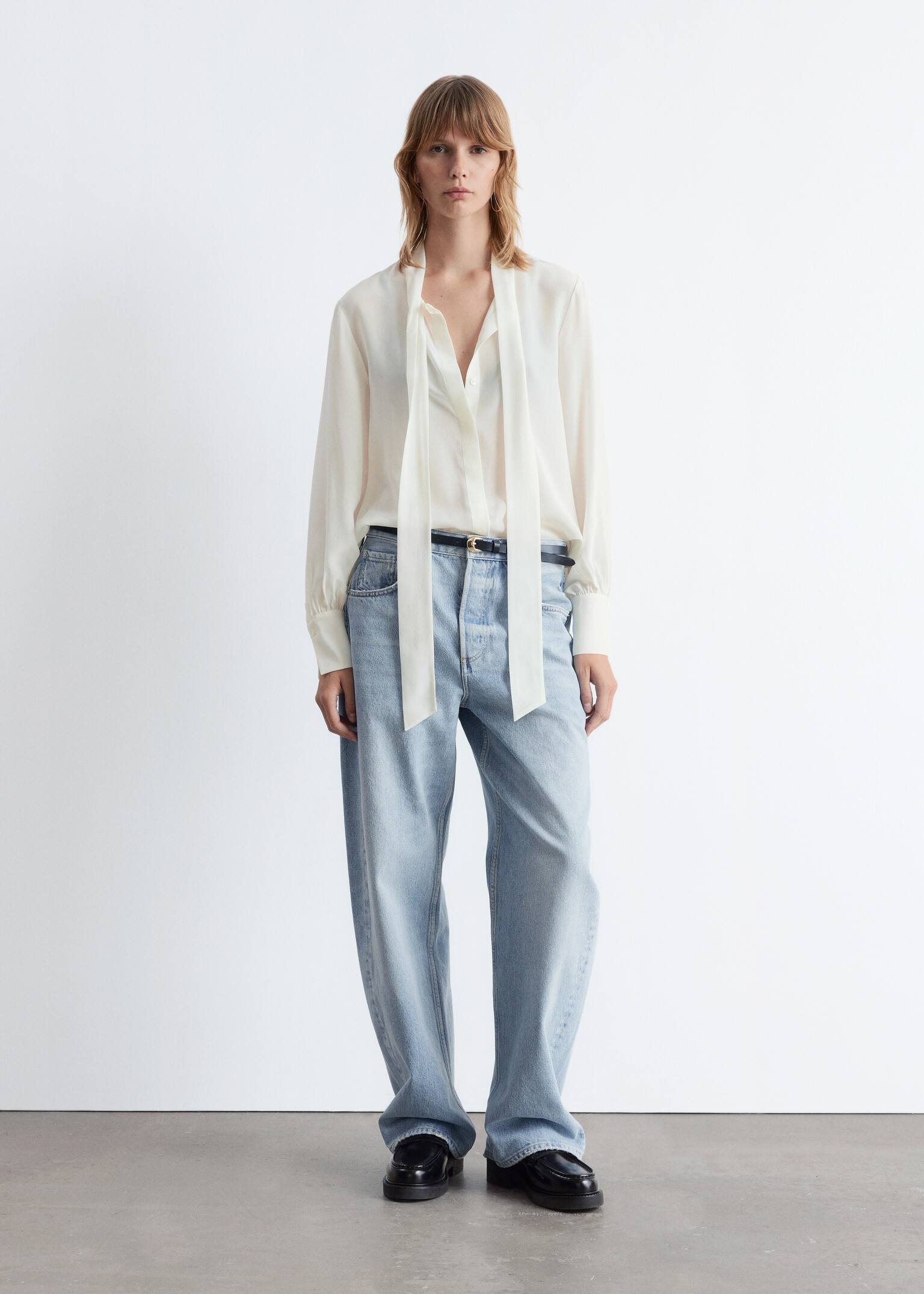 Tie-Neck Silk Blouse - White/Black Floral - 6