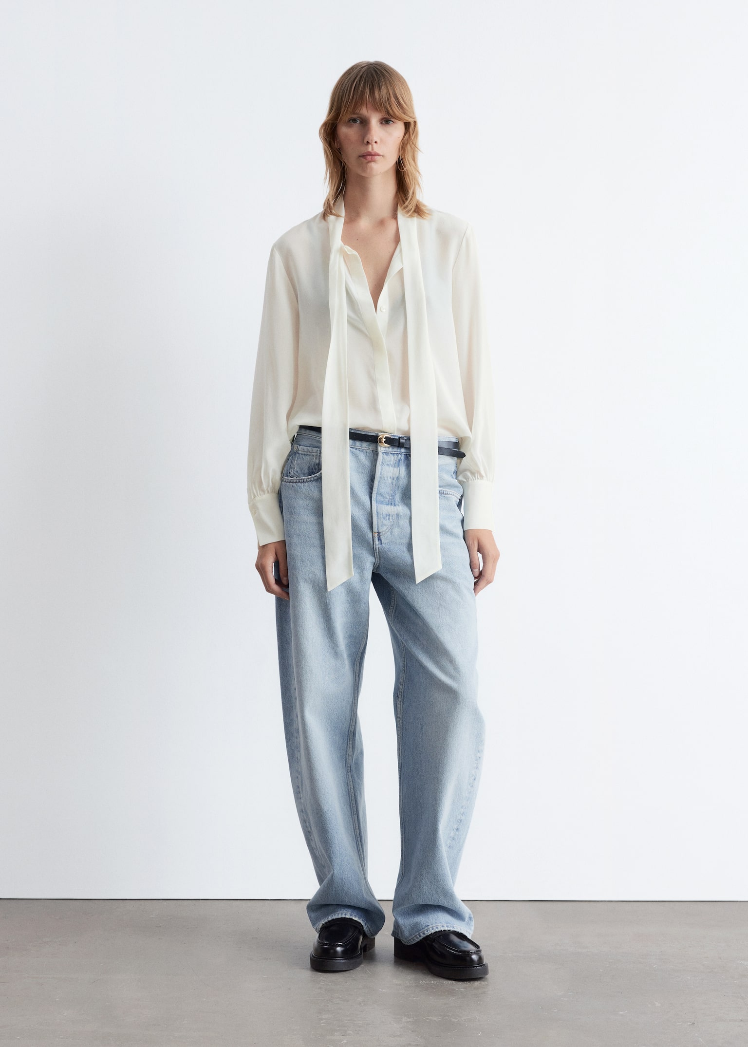 Tie-Neck Silk Blouse - White - 6