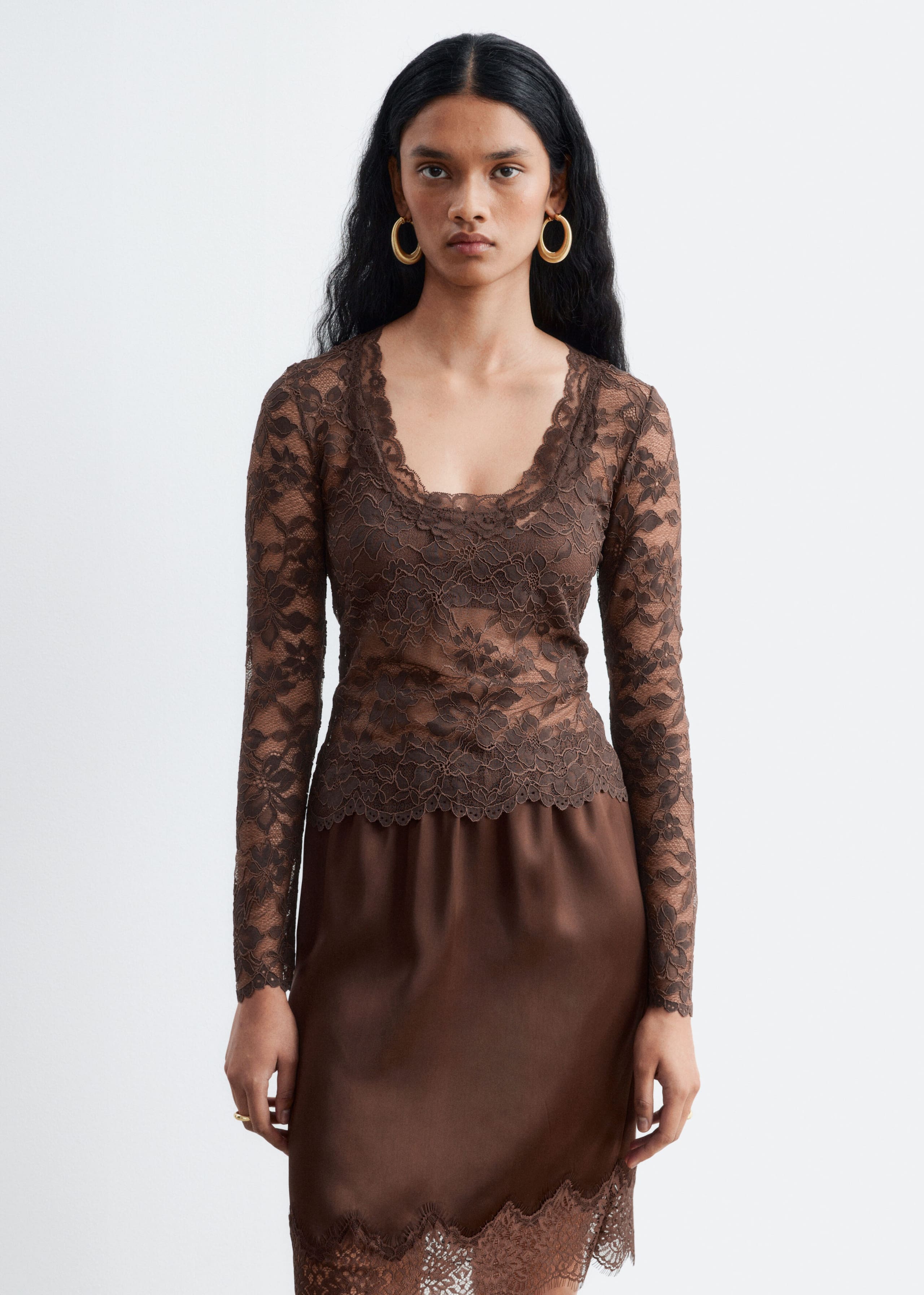 Lace-Trim Satin Skirt Brown