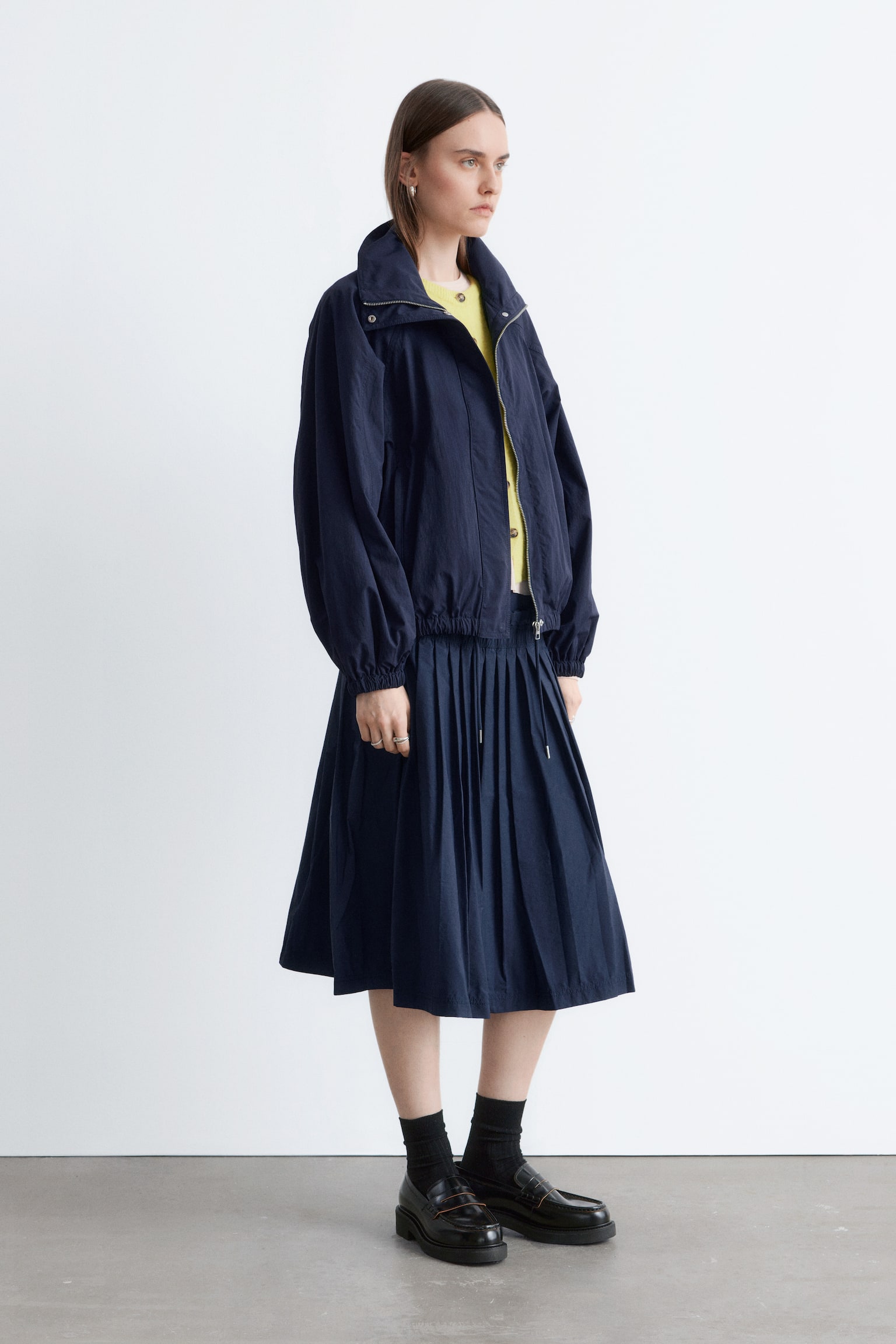 Giacca con coulisse e colletto alla coreana - Blu scuro - 1