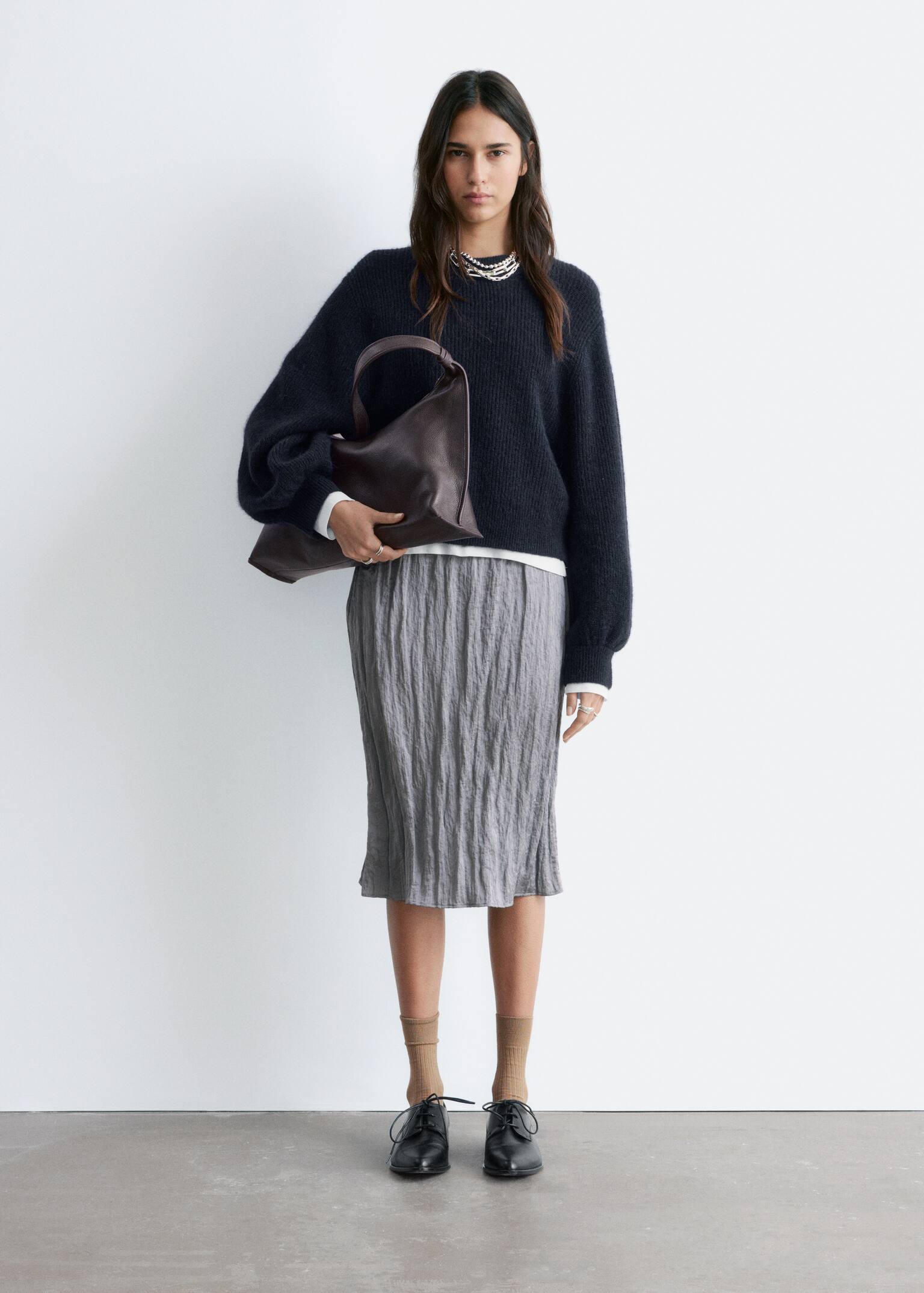 Tröja i alpackablandning med ballongärm - Marinblå/Röd/Brun - 6