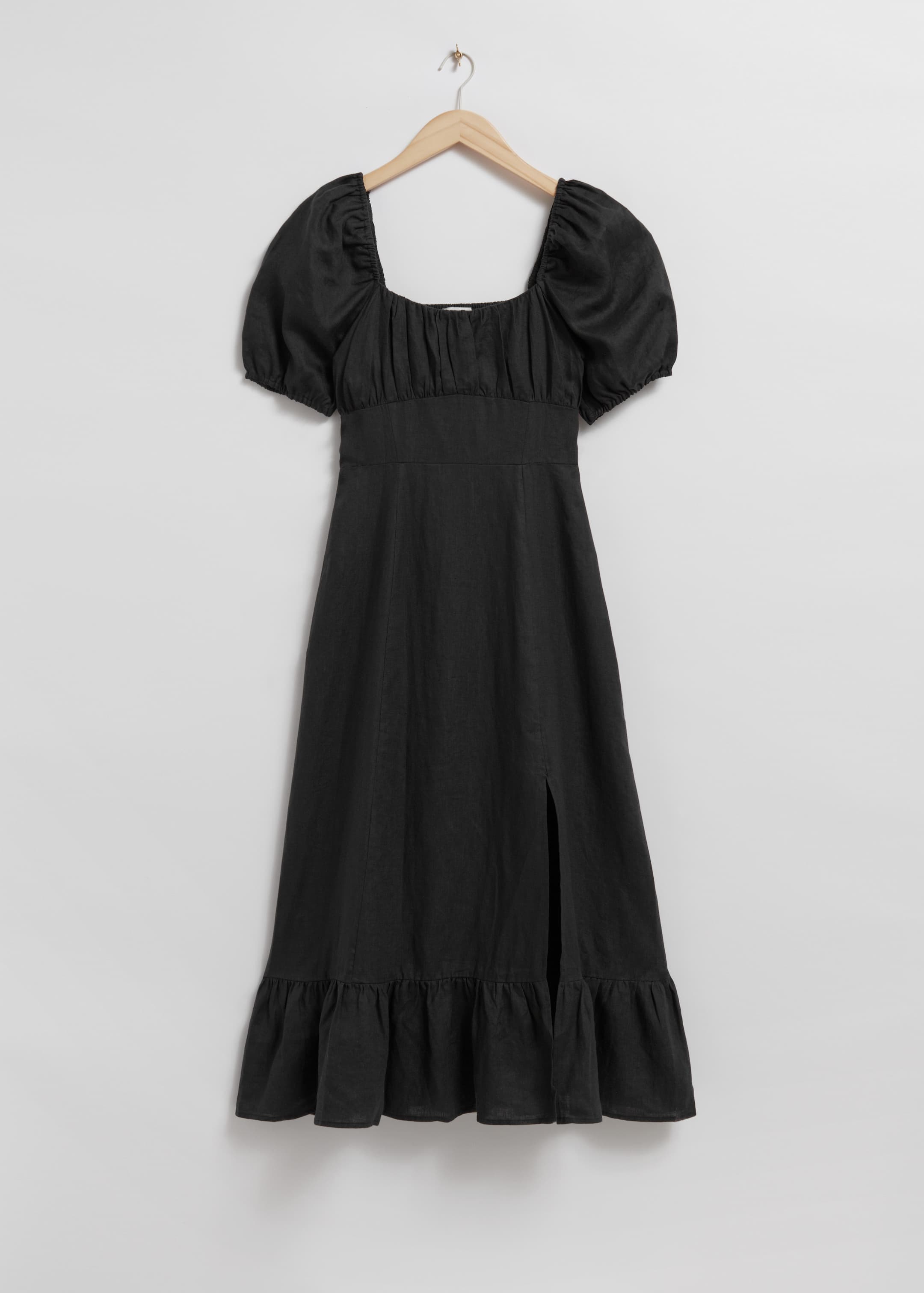 View larger image: Puff Sleeve Linen Midi Dress - Black - Ladies | H&M GB 1