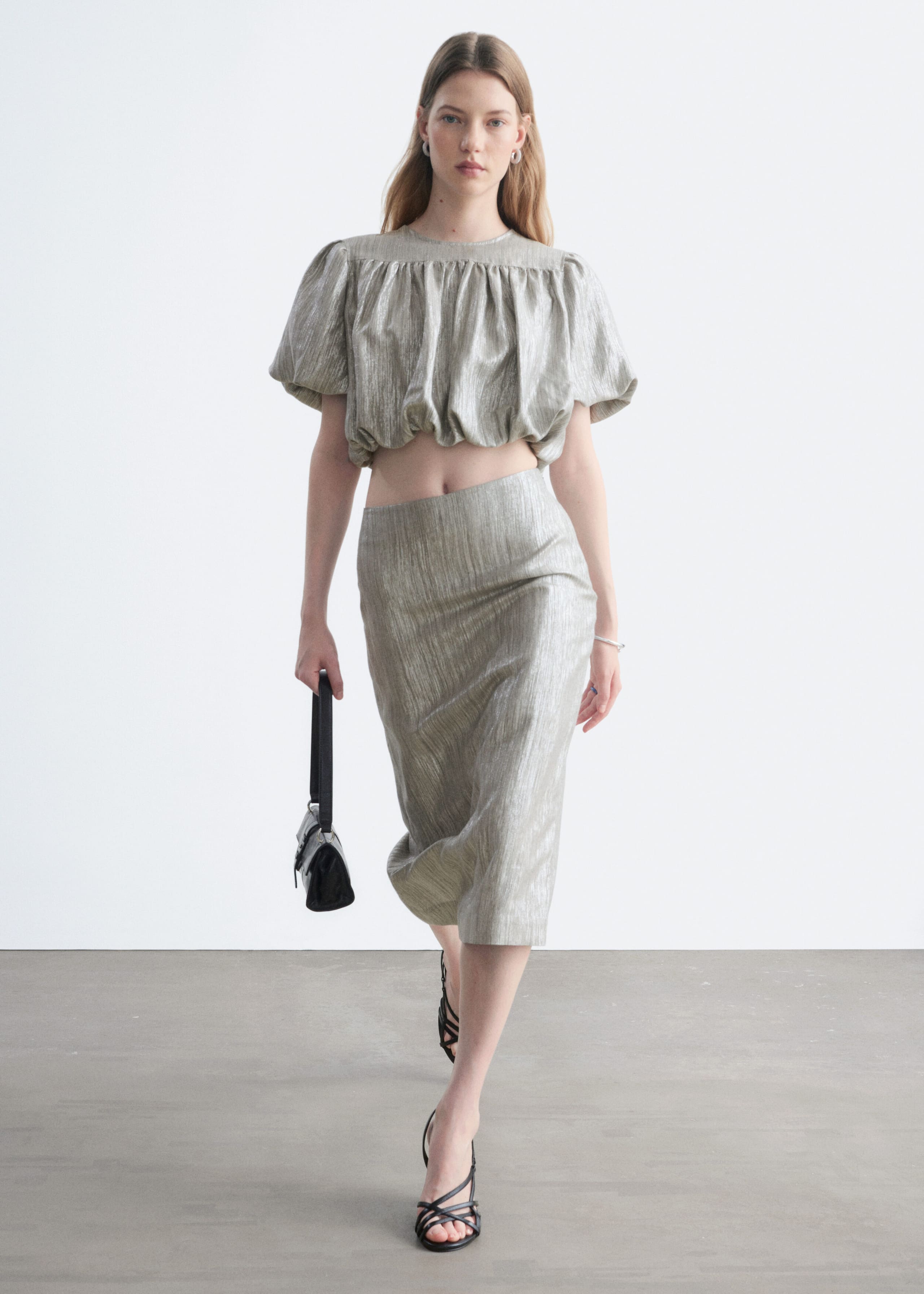 Aangerimpelde metallic blouse - Zilver - Lookbook