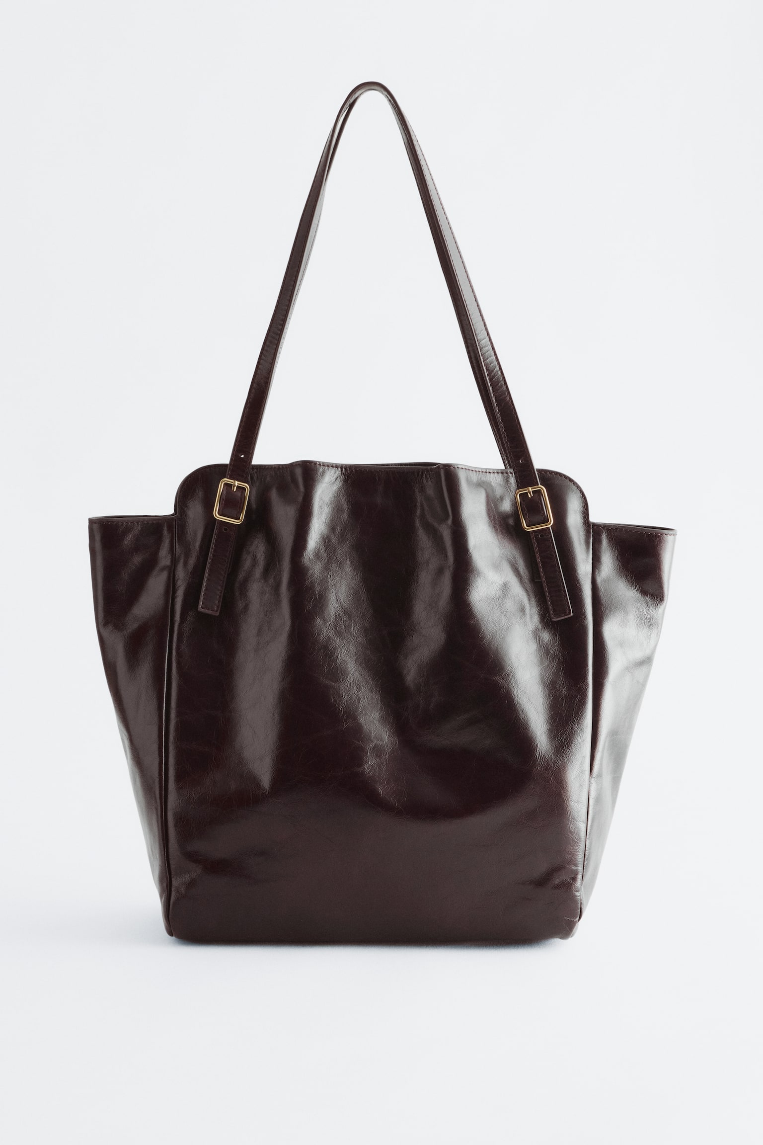 Tote bag en cuir avec bandoulières à boucles - Marron foncé/Beige clair