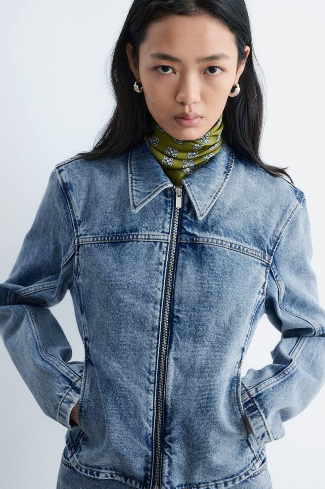 Fitted Zip-Up Denim Jacket - Washed Blue/Beige - 1